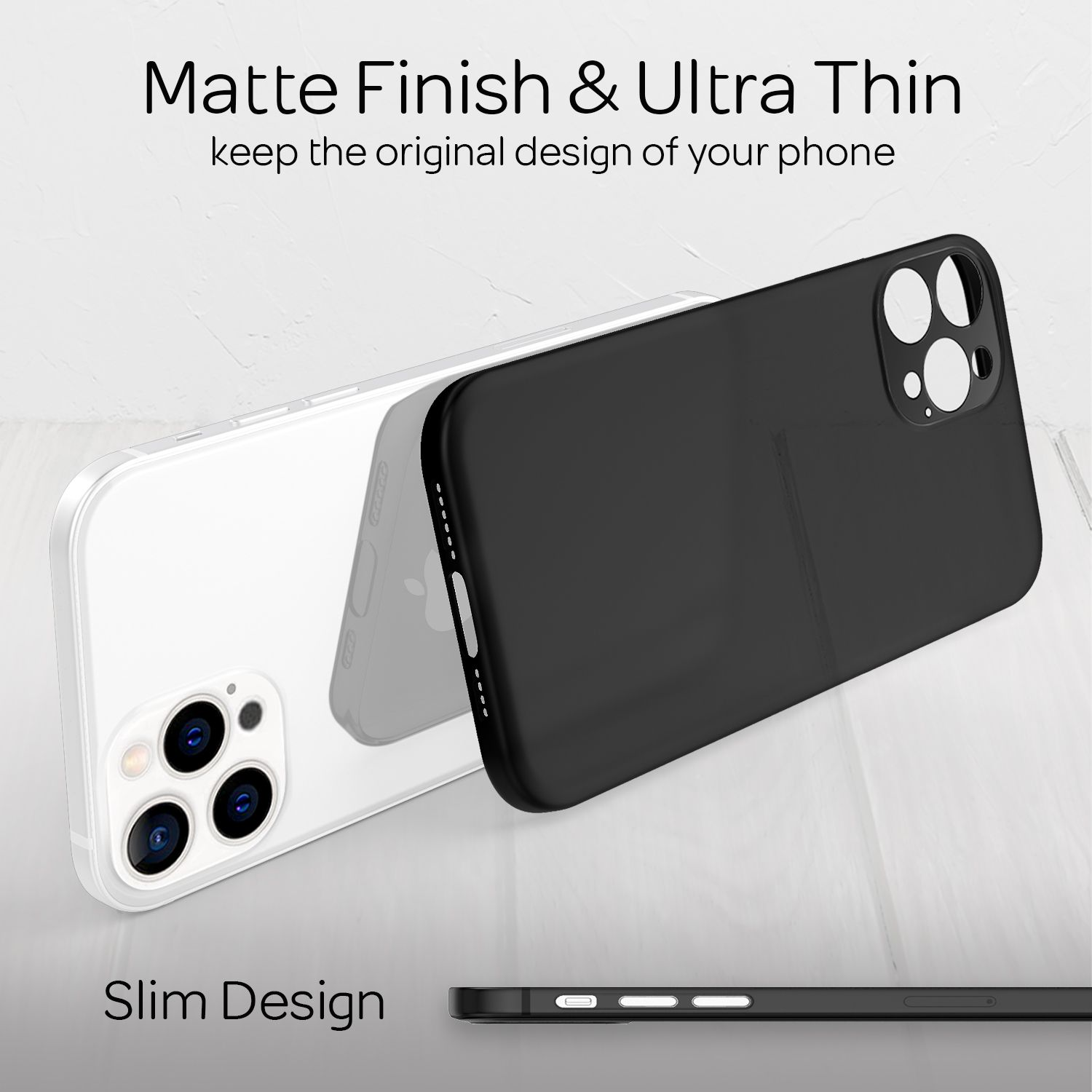 Zwei Handyhüllen, eine transparente und eine schwarze, das Telefondesign sichtbar.