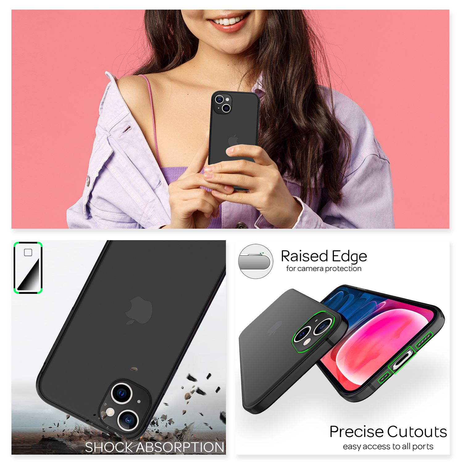 Frau hält Telefon, Hüllendetails, Stoßabsorption und Ausschnittdetails.