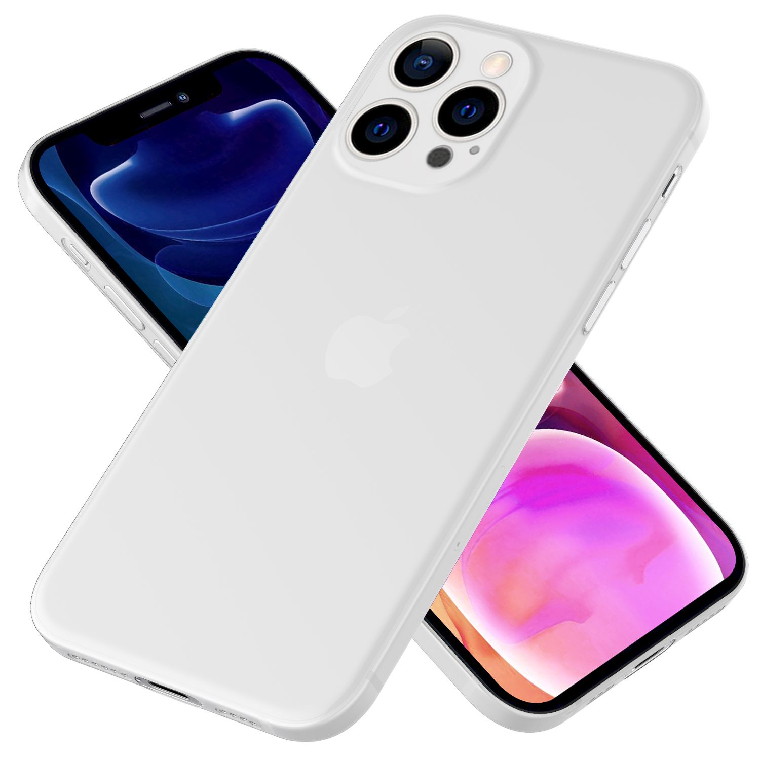 Zwei weiße Handyhüllen mit iPhones darin. Eine steht aufrecht, die andere schräg. Hüllen haben Kameraöffnungen.