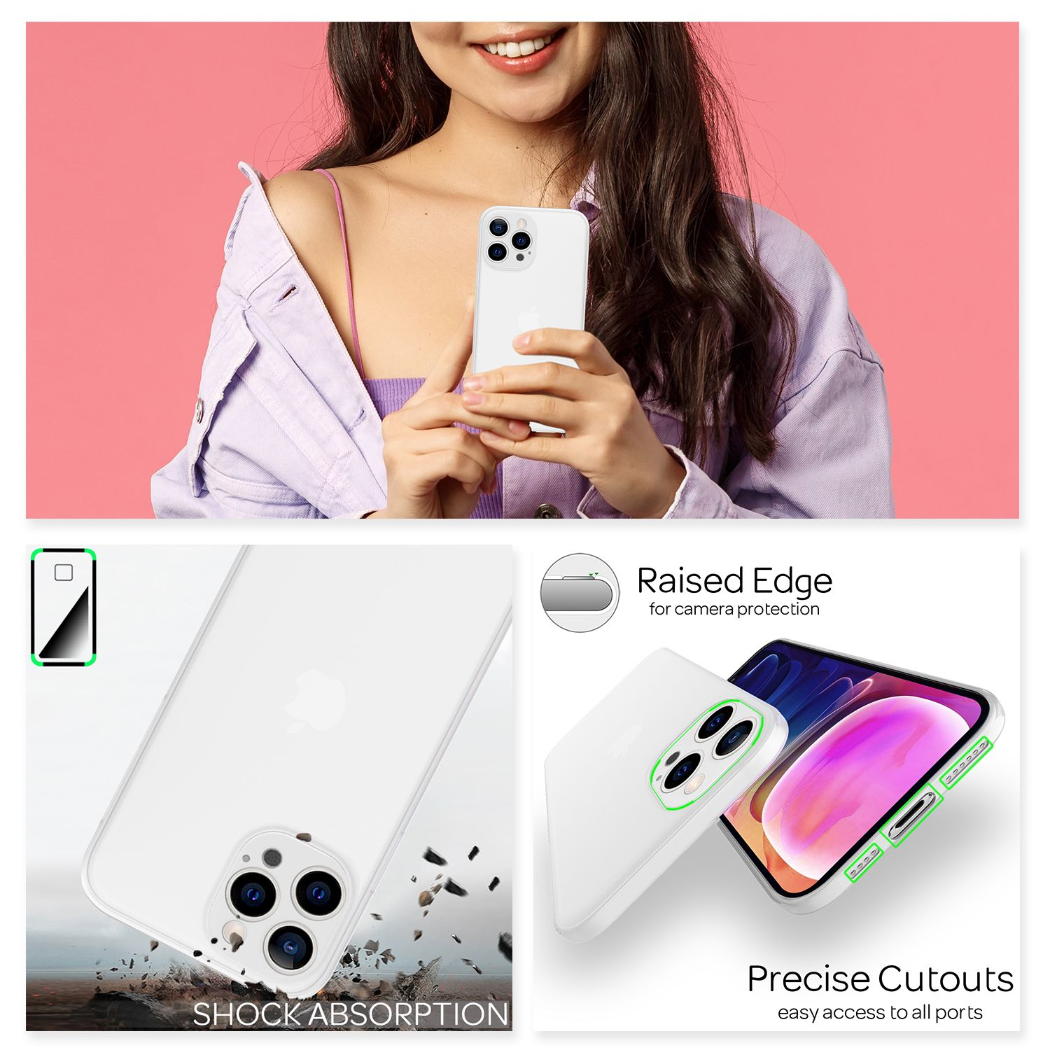 Eine Frau hält ein Telefon und eine Handyhülle mit Funktionen auf pinkem Hintergrund.