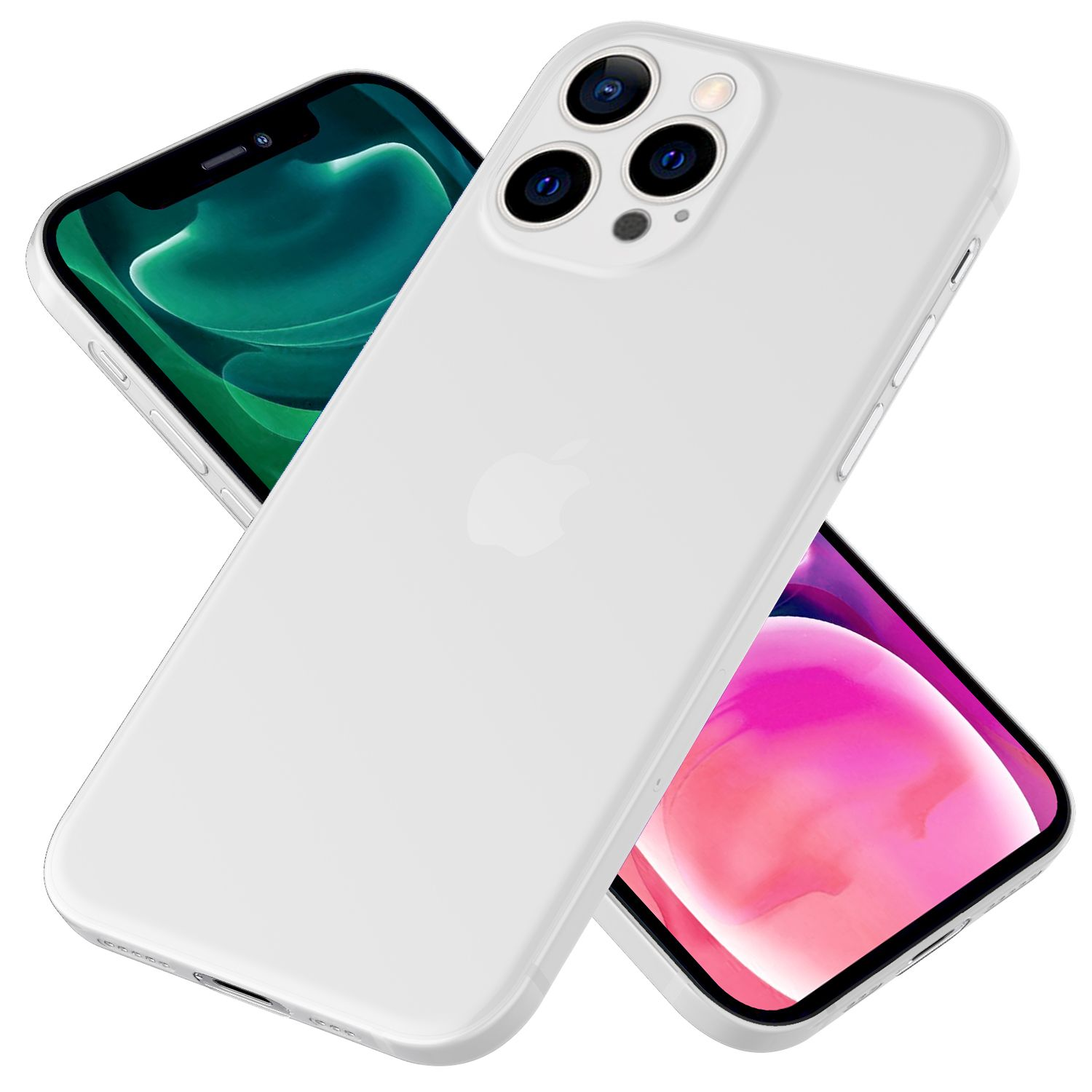 Zwei Handys. Ein weißes Telefon in einer weißen Hülle und ein weiteres Telefon mit grünem Bildschirm dahinter.