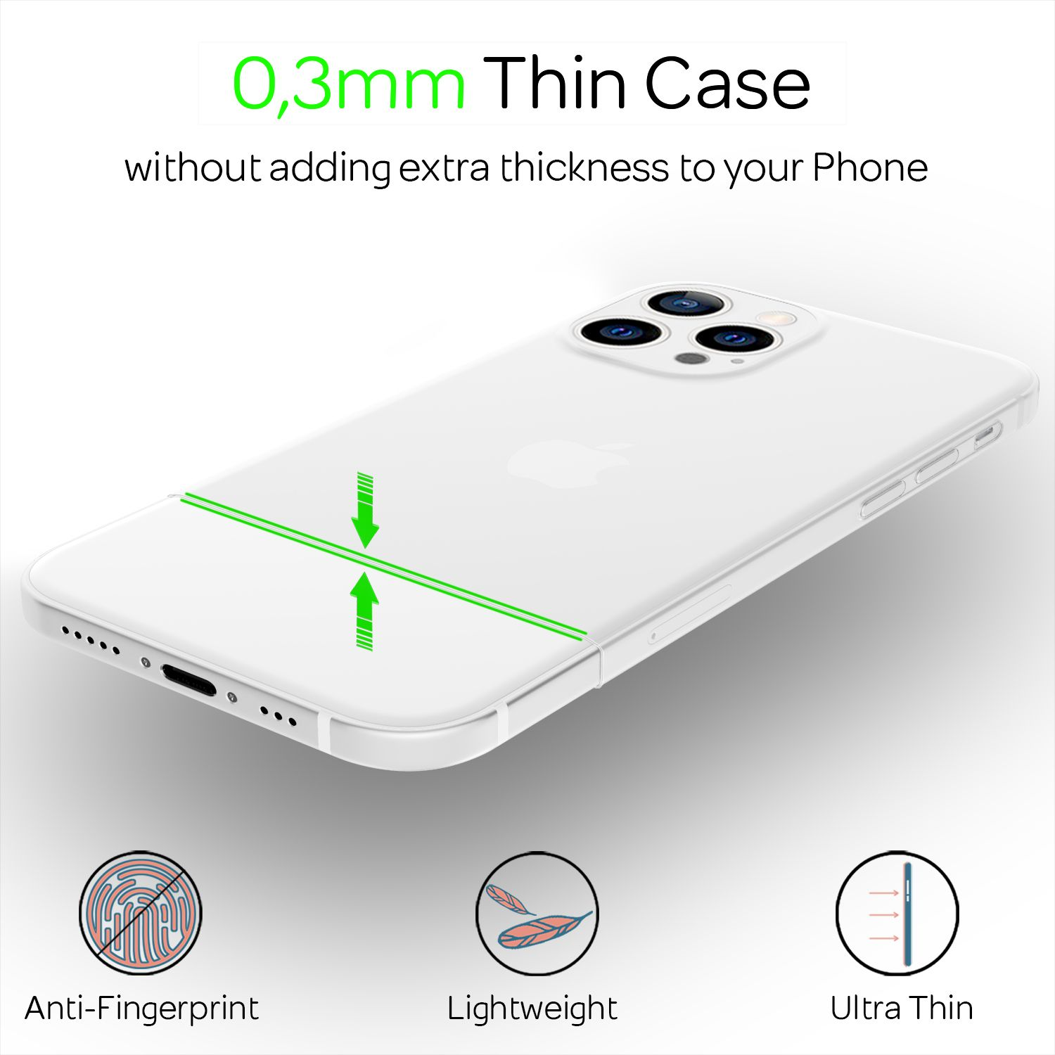 Weißes Telefon mit klarer Hülle. Hülle ist dünn, Text: '0,3mm Thin Case'.