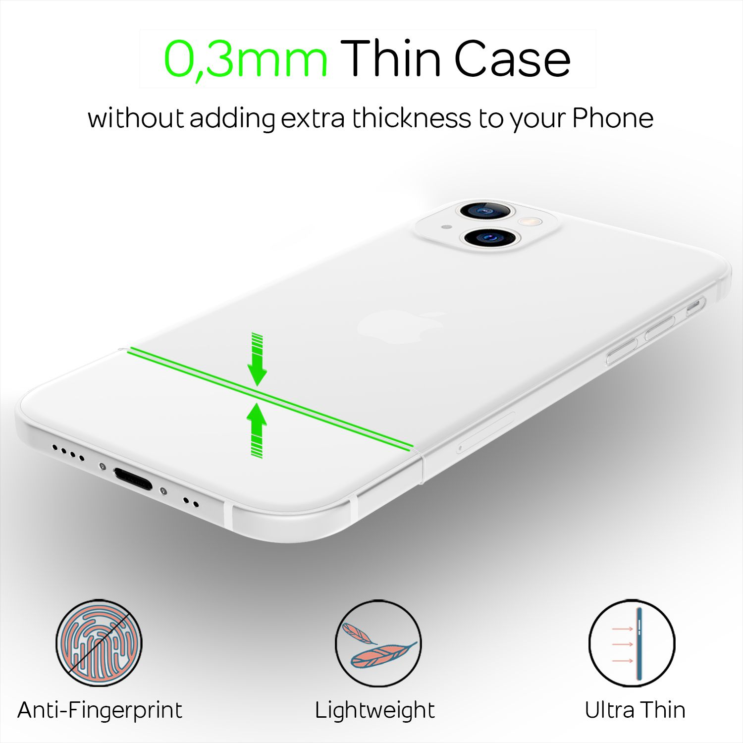 Weißes Handycase. Grüne Linie hebt die Dünne hervor. Icons: Anti-Fingerprint, leicht, ultradünn.