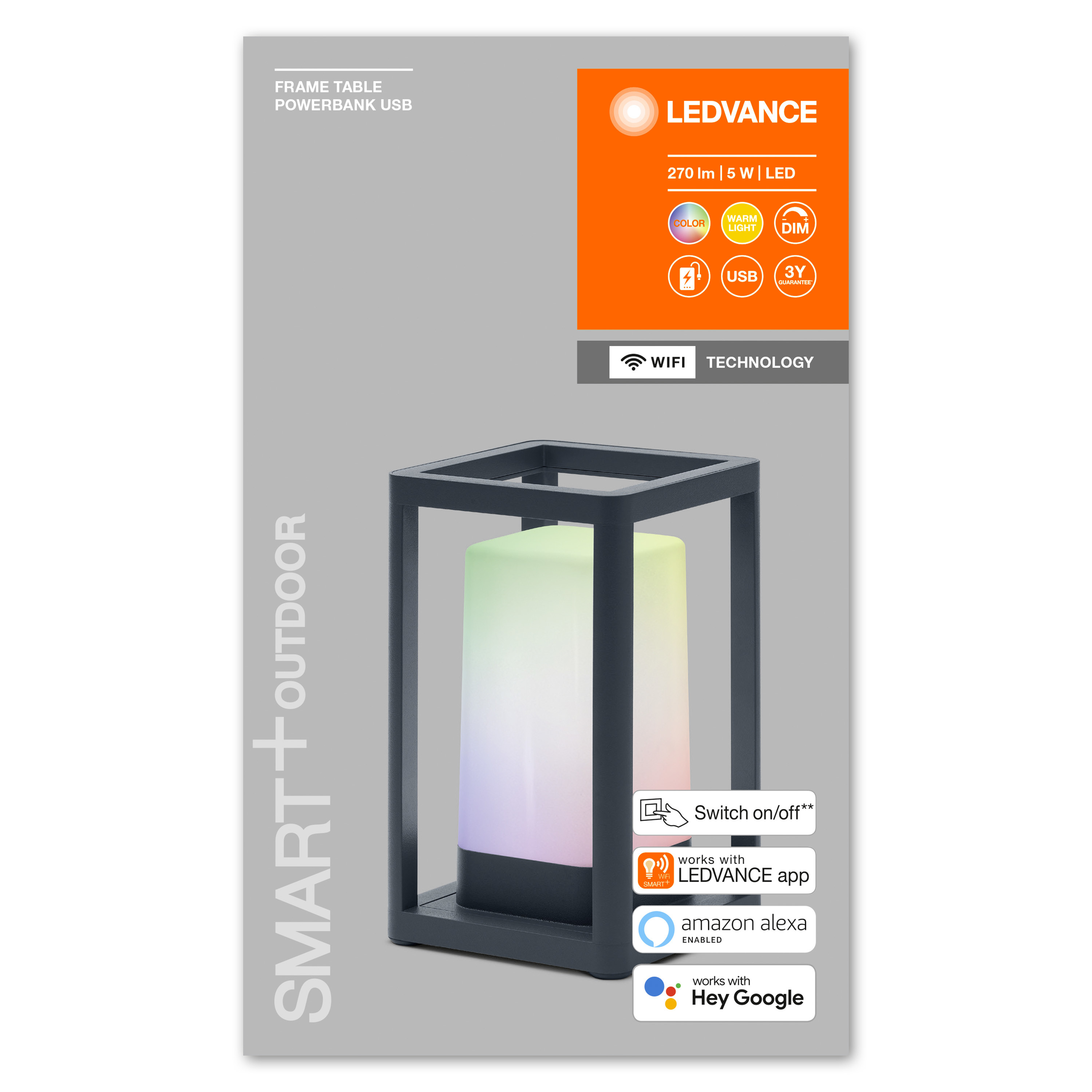 Opakowanie lampy LEDVANCE. Tekst i ikony na białym tle. Lampa w czarnej ramie.