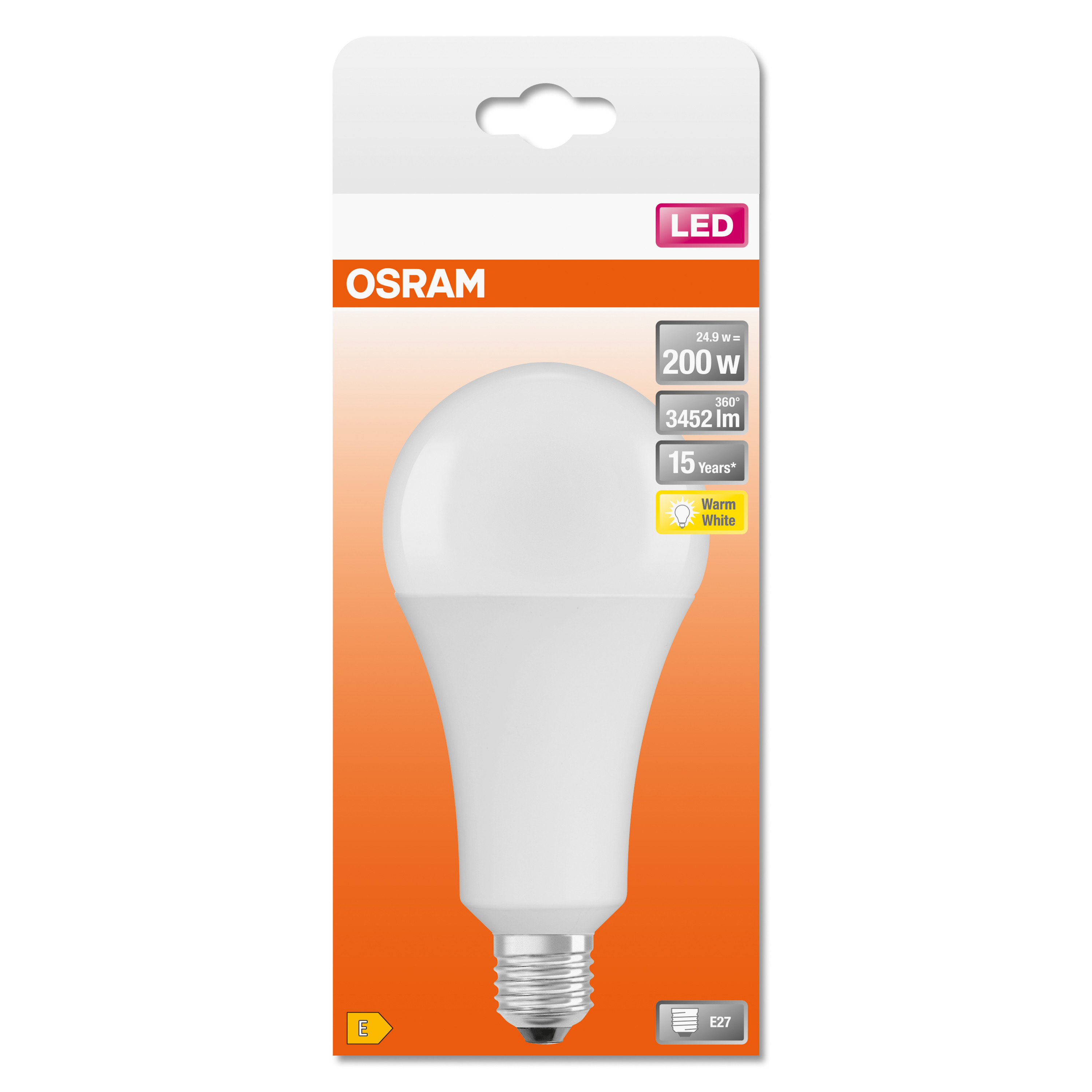 Lampadina LED bianca nella confezione. Sfondo arancione e bianco. Testo sulla confezione.