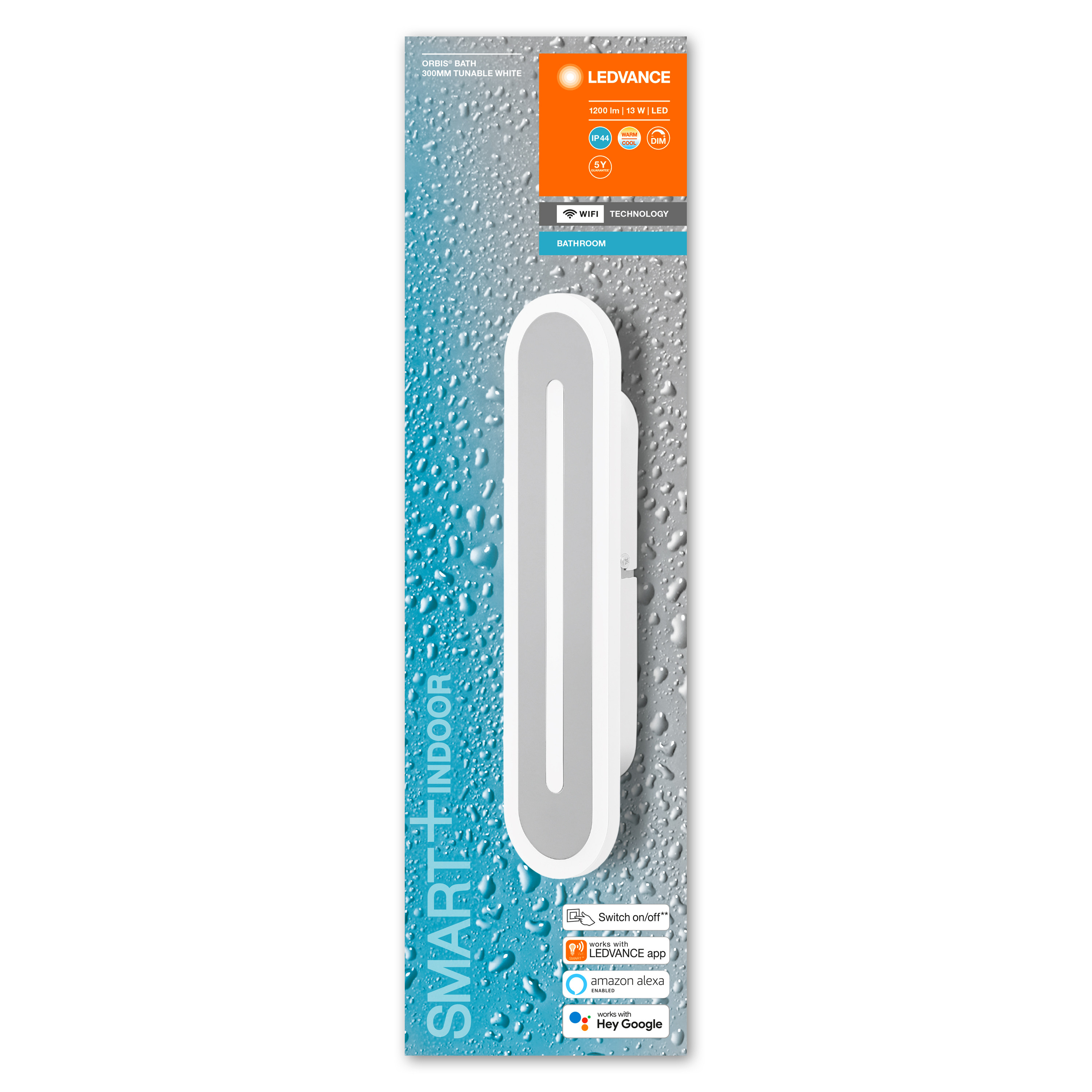 Weißes LED-Licht auf einer Verpackung. Zu den Merkmalen gehören WLAN, Badnutzung und Smart-Indoor-Einsatz.