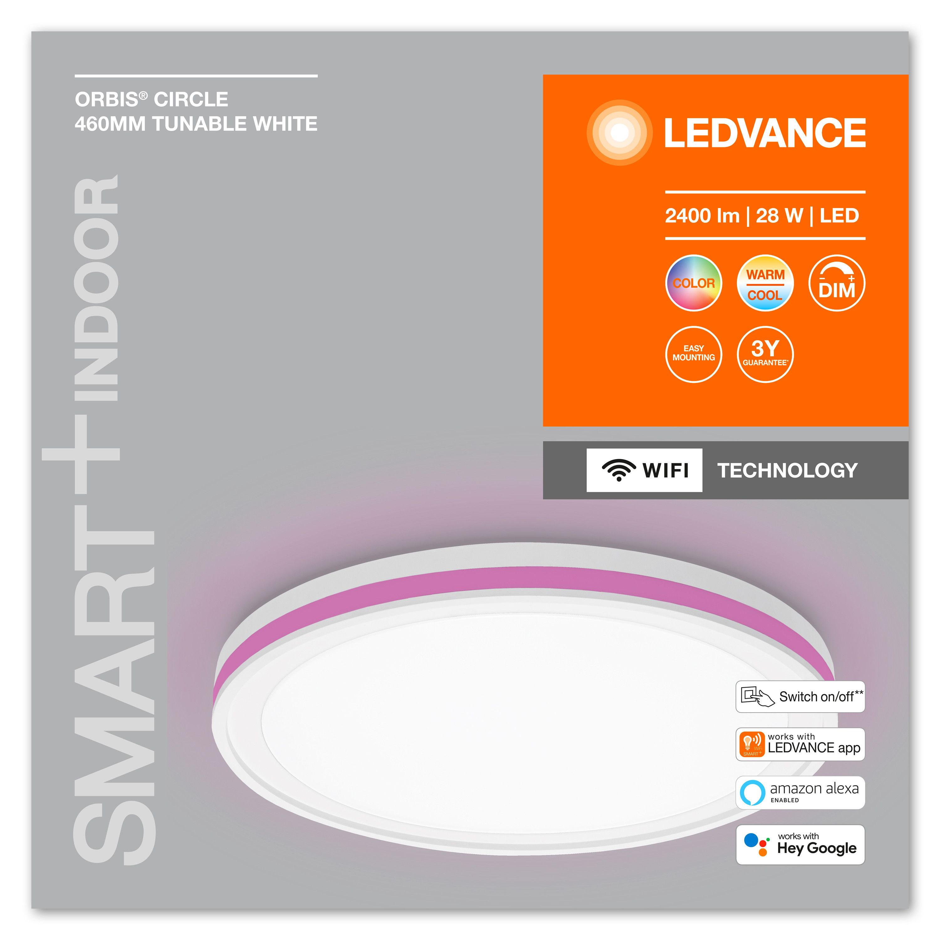 Weiße LEDVANCE Smart-Innenleuchte. Sie hat einen rosa Ring und WLAN-Technologie.