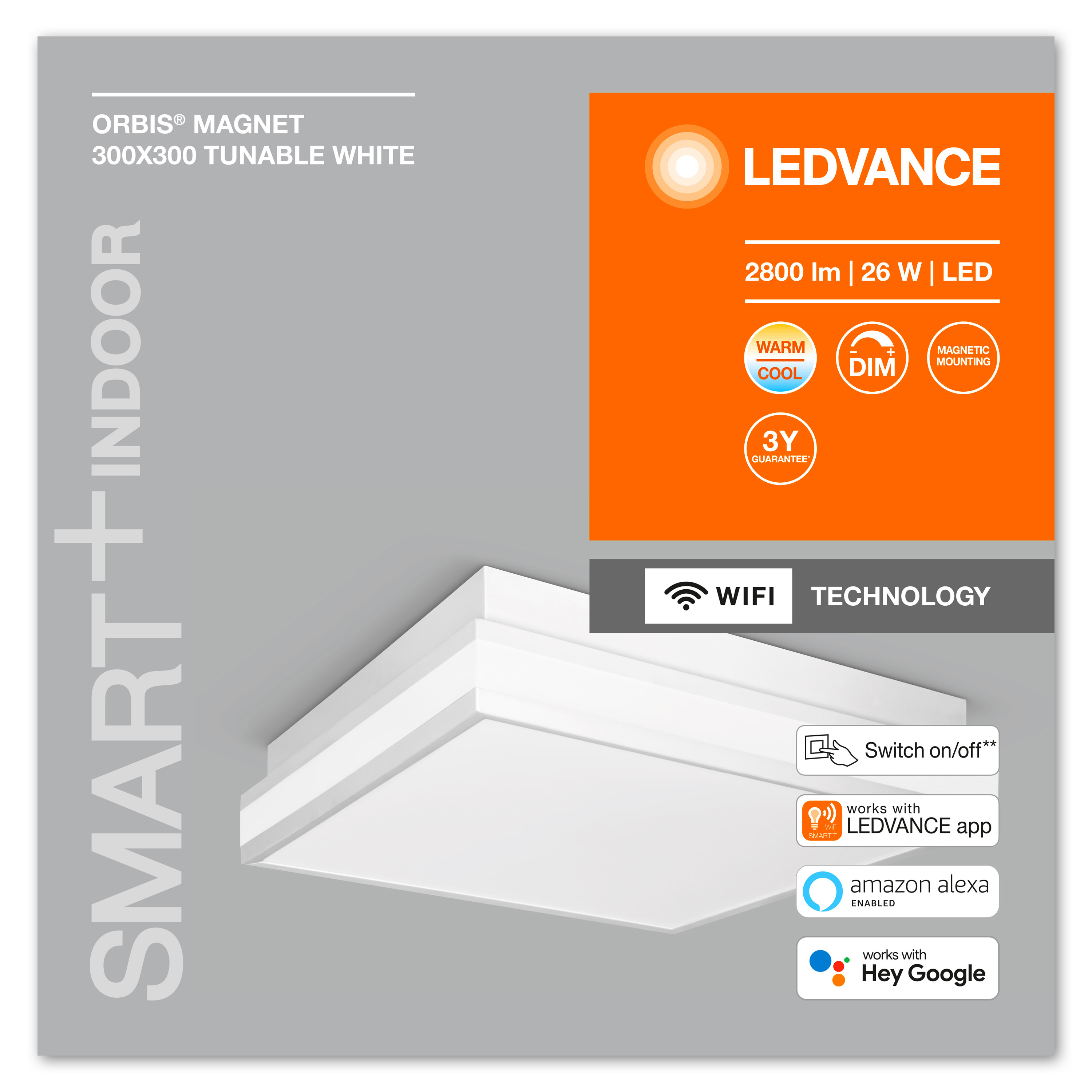 Ein weißes quadratisches Licht mit LEDVANCE-Logo und orangefarbenem Hintergrund mit Text.