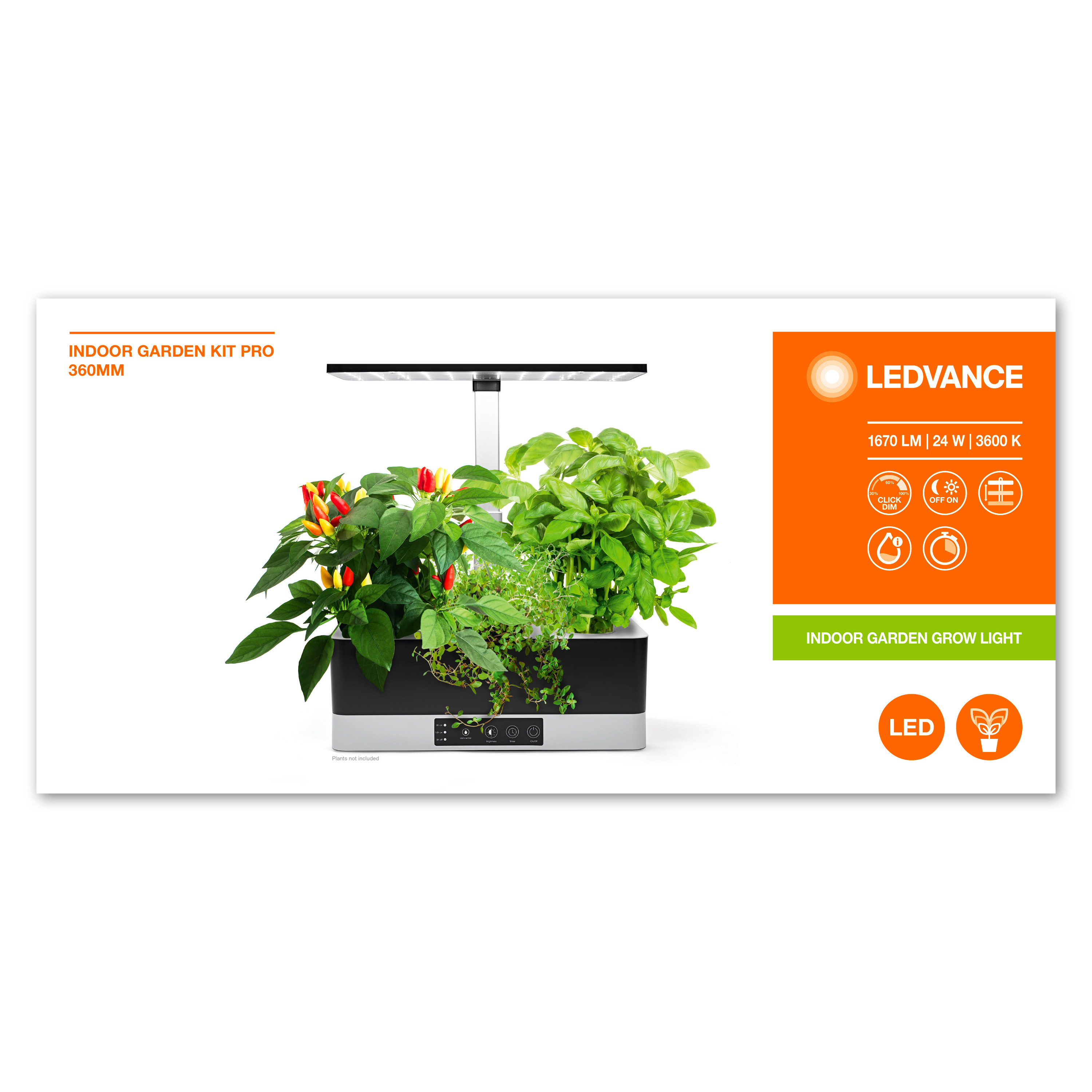 Indoor-Garten-Kit mit Pflanzen und LED-Leuchten, beschriftet mit Marke und Spezifikationen.