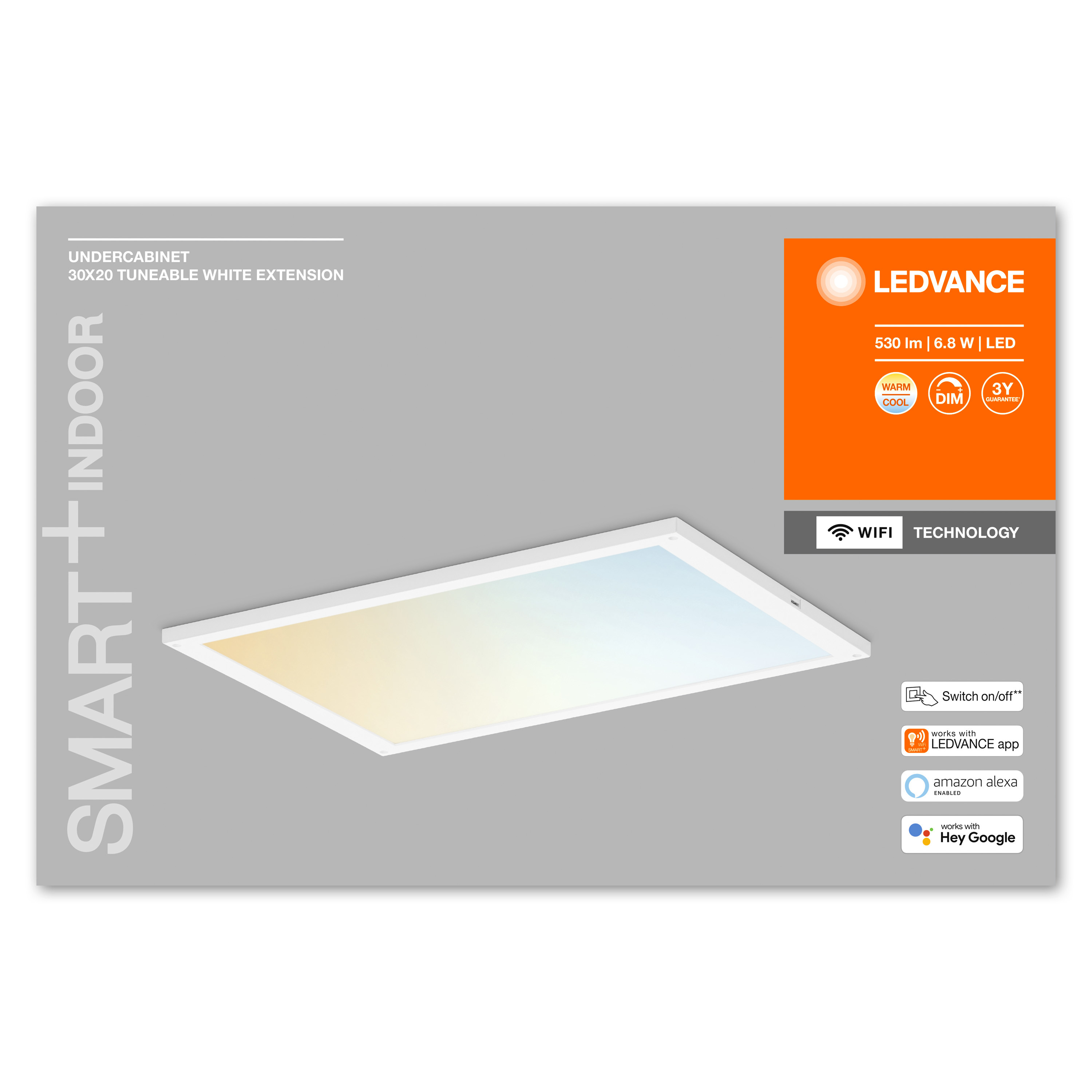 LED-Panel mit Text über Smart+Indoor. Gezeigte Funktionen sind einstellbares Weiß, WIFI und LEDVANCE App.