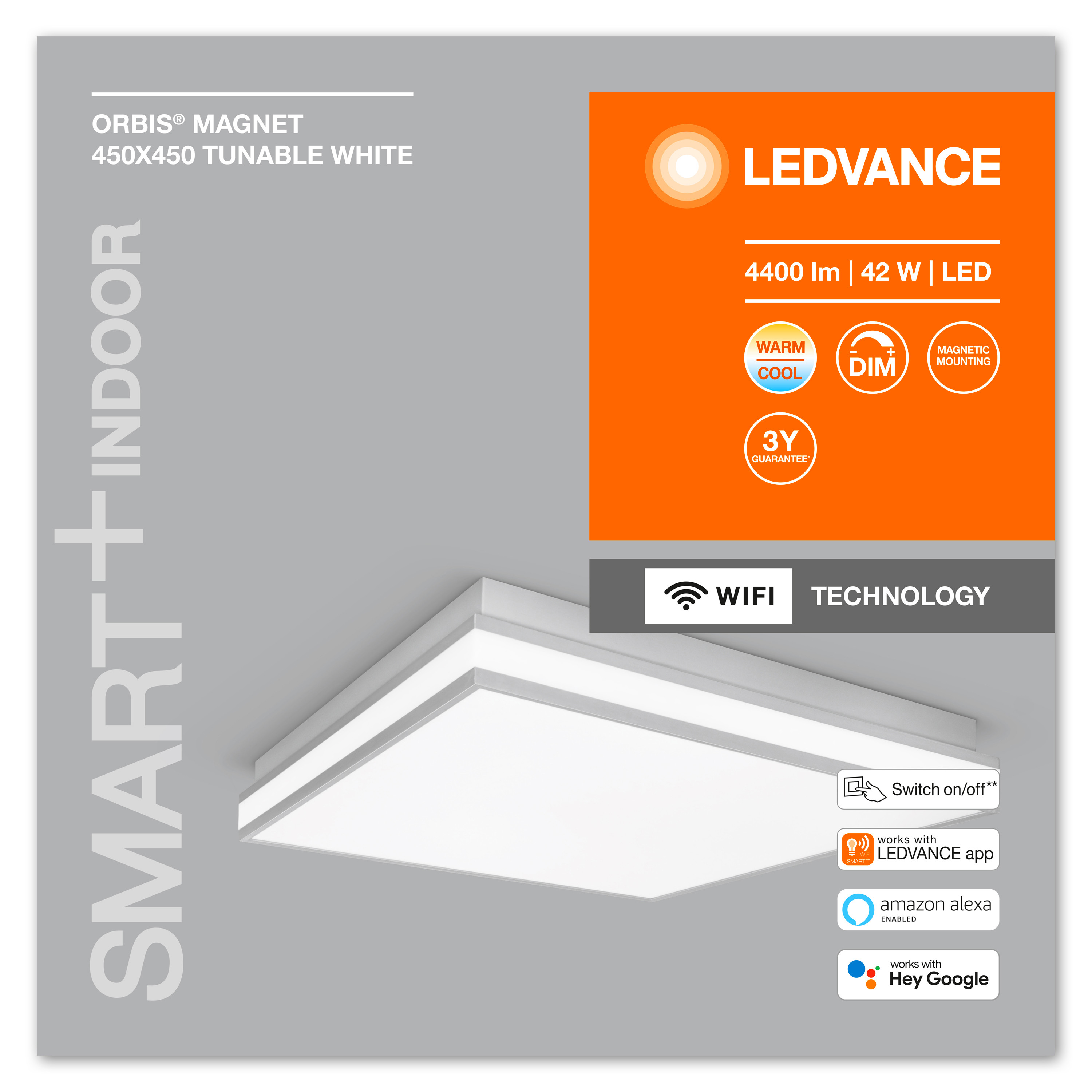 Quadratische LED-Deckenleuchte mit Text und Symbolen auf weißem Hintergrund.
