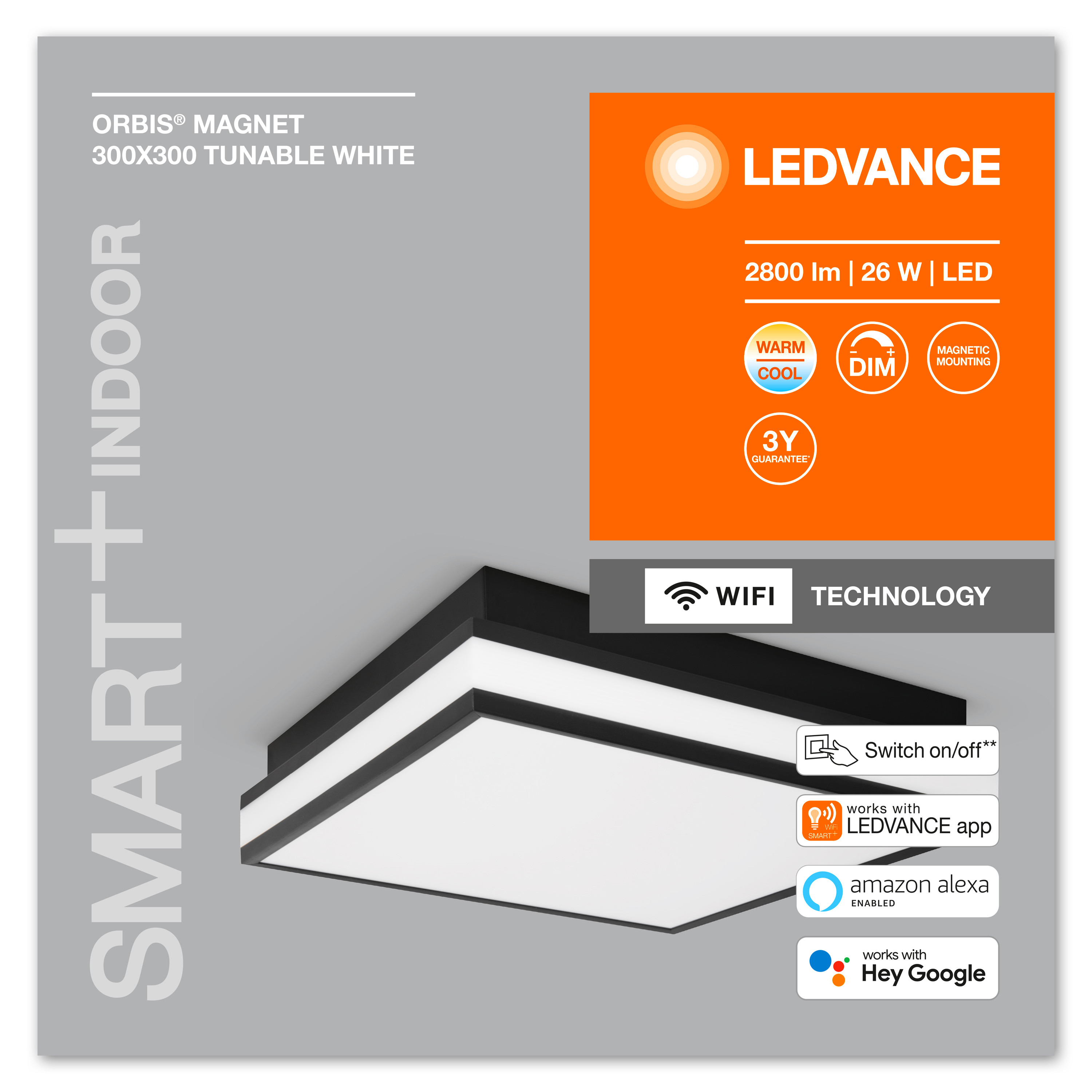 Eine weiße und schwarze LED-Leuchte mit Informationen zu ihren Funktionen und der Marke 'LEDVANCE'.