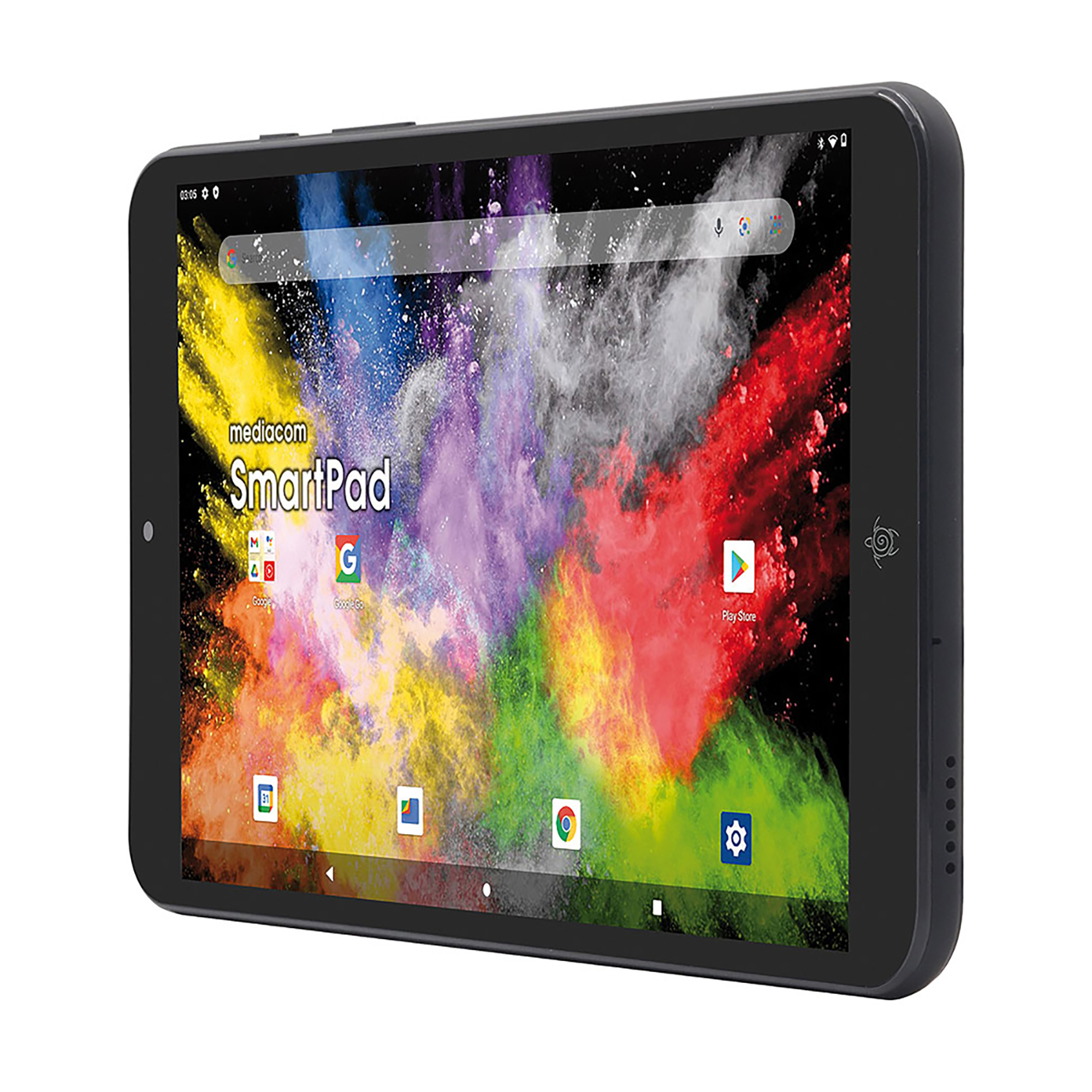Tablet Mediacom SmartPad nero con sfondo astratto colorato.