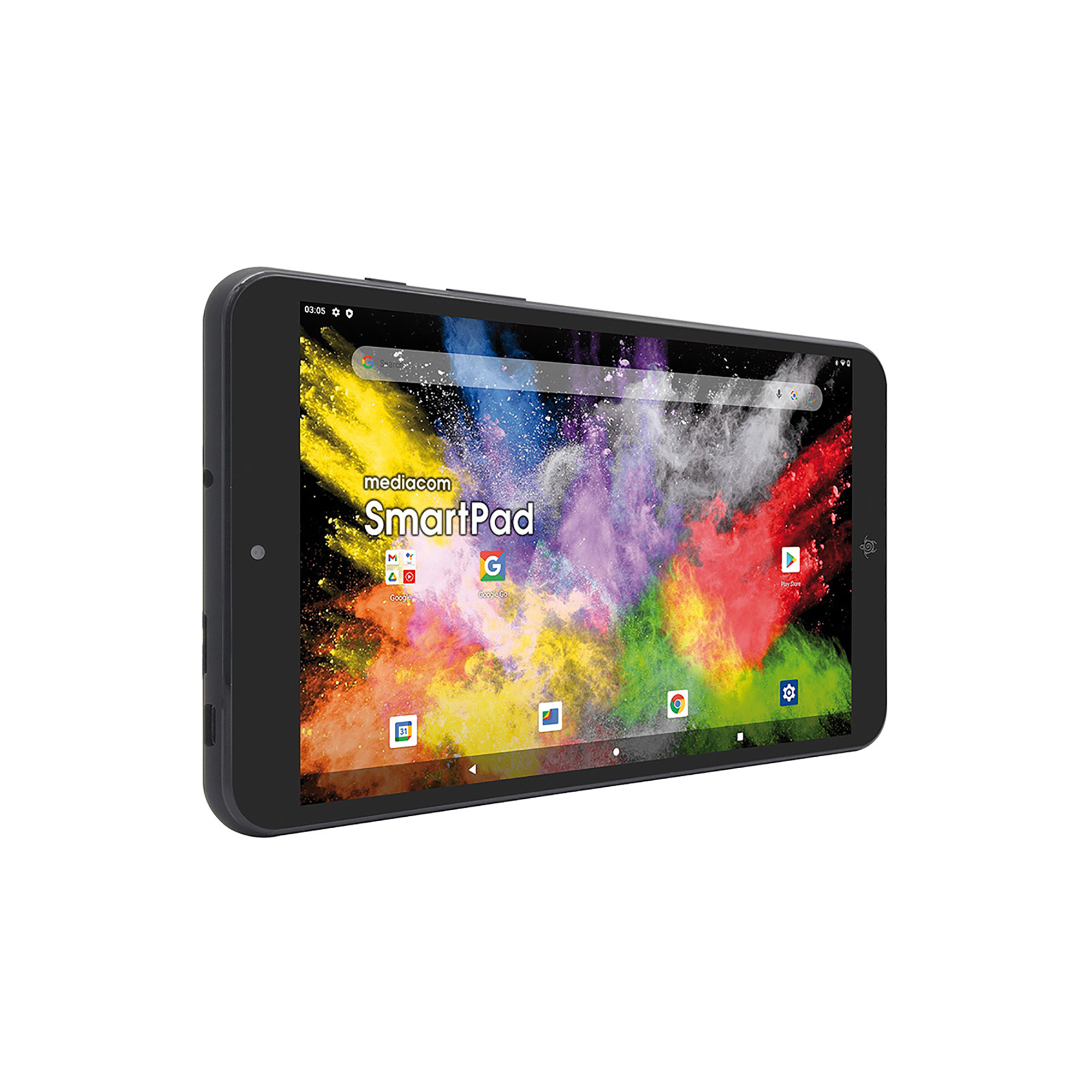 Tablet nero con schermo colorato, mostra app e logo.