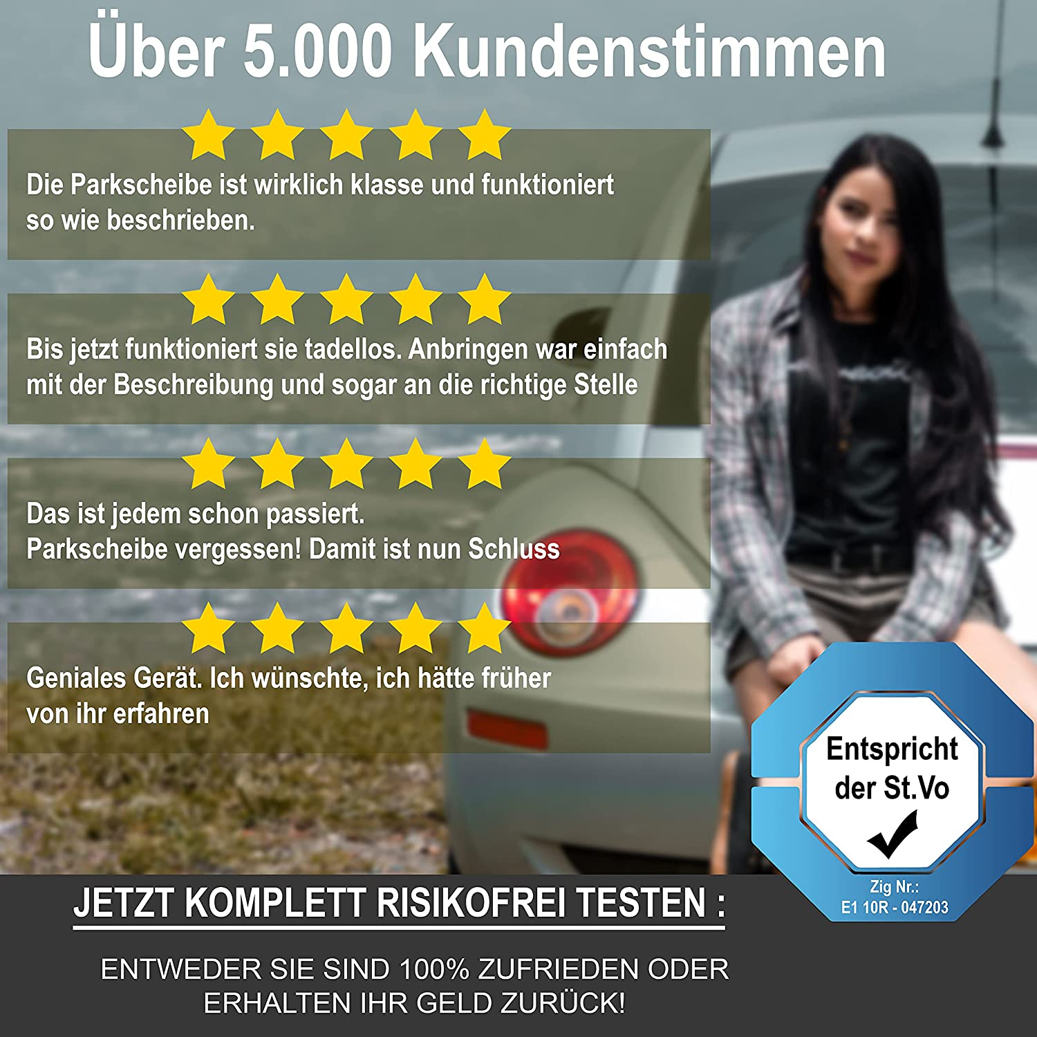 Bewertungen mit Sternenbewertungen und Text, plus Foto einer Frau und Produktbadge.