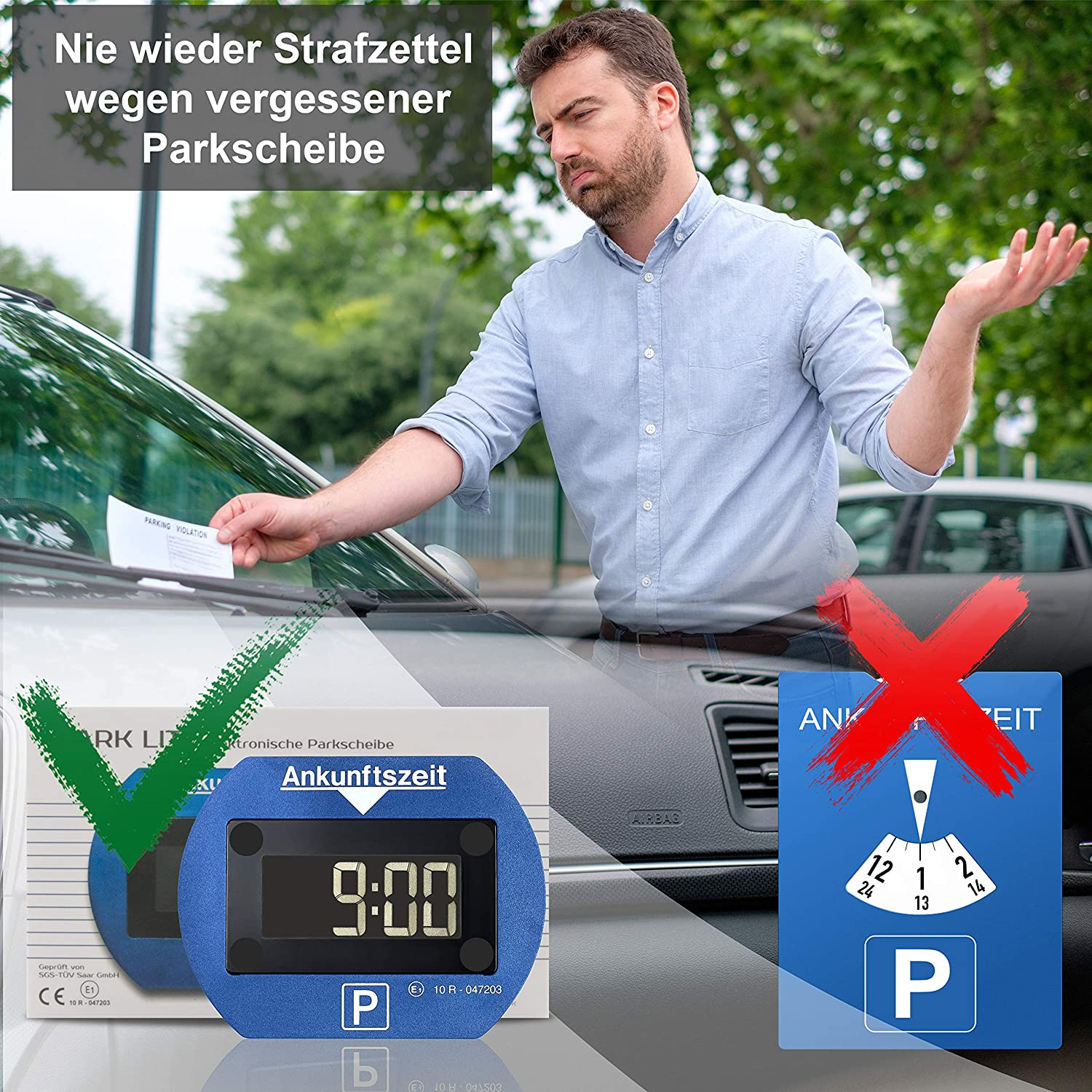 Ein Mann betrachtet einen Strafzettel, neben einer blauen Parkscheibe mit 9:00 Uhr.
