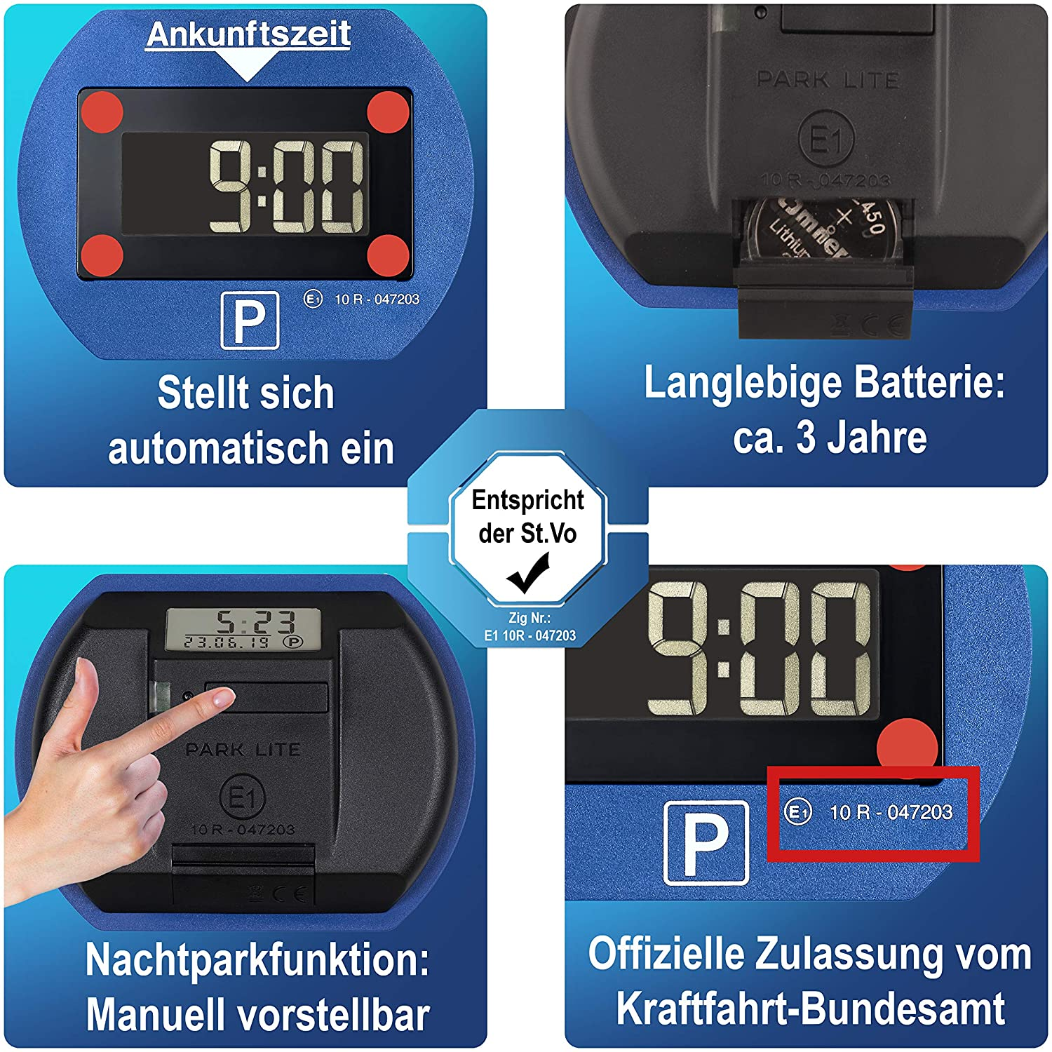 Nahaufnahme eines Parkuhren-Timers mit Uhrzeit und einer Hand, die auf das Gerät zeigt.