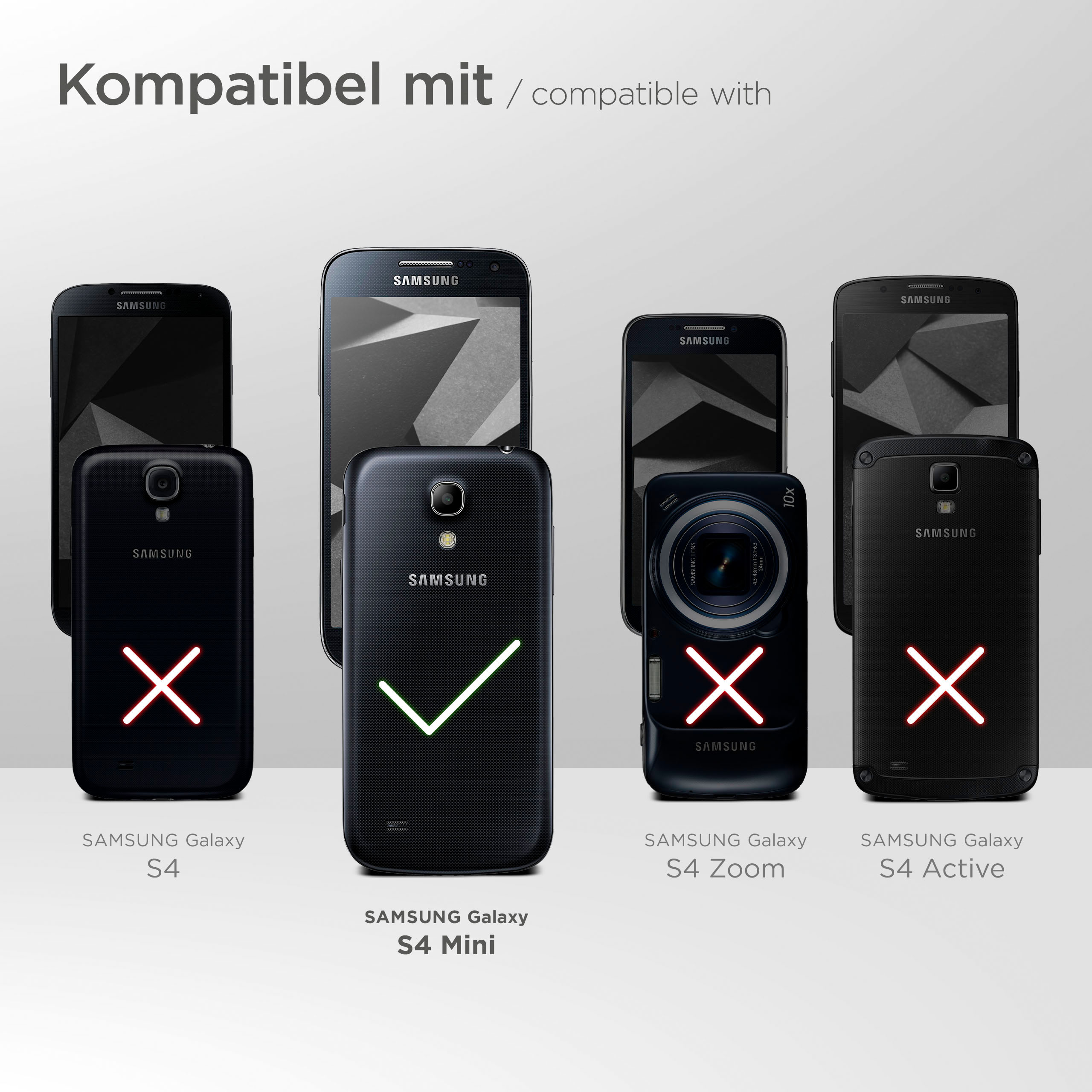 Das Bild zeigt Telefone, einige mit roten Kreuzen und einige mit grünen Häkchen, was die Kompatibilität anzeigt. Text lautet 'kompatibel mit'.