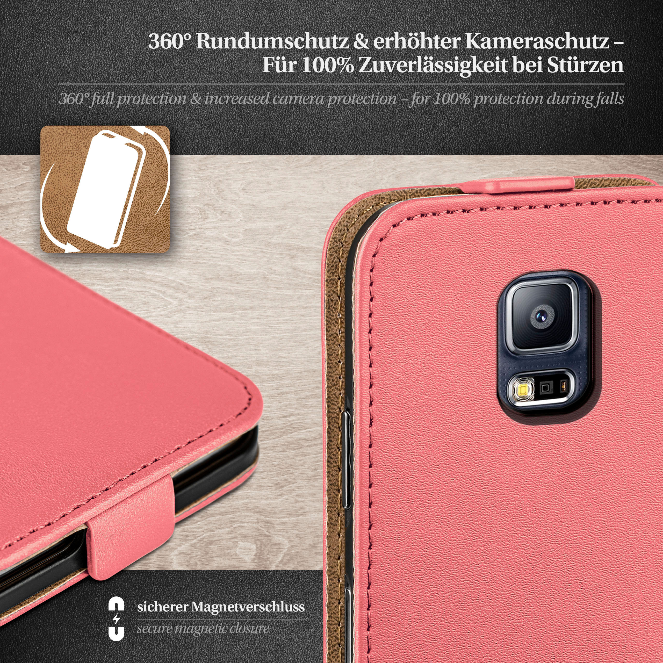 Eine rosa Handyhülle mit einem Handy und einer Nahaufnahme einer Kameralinse.