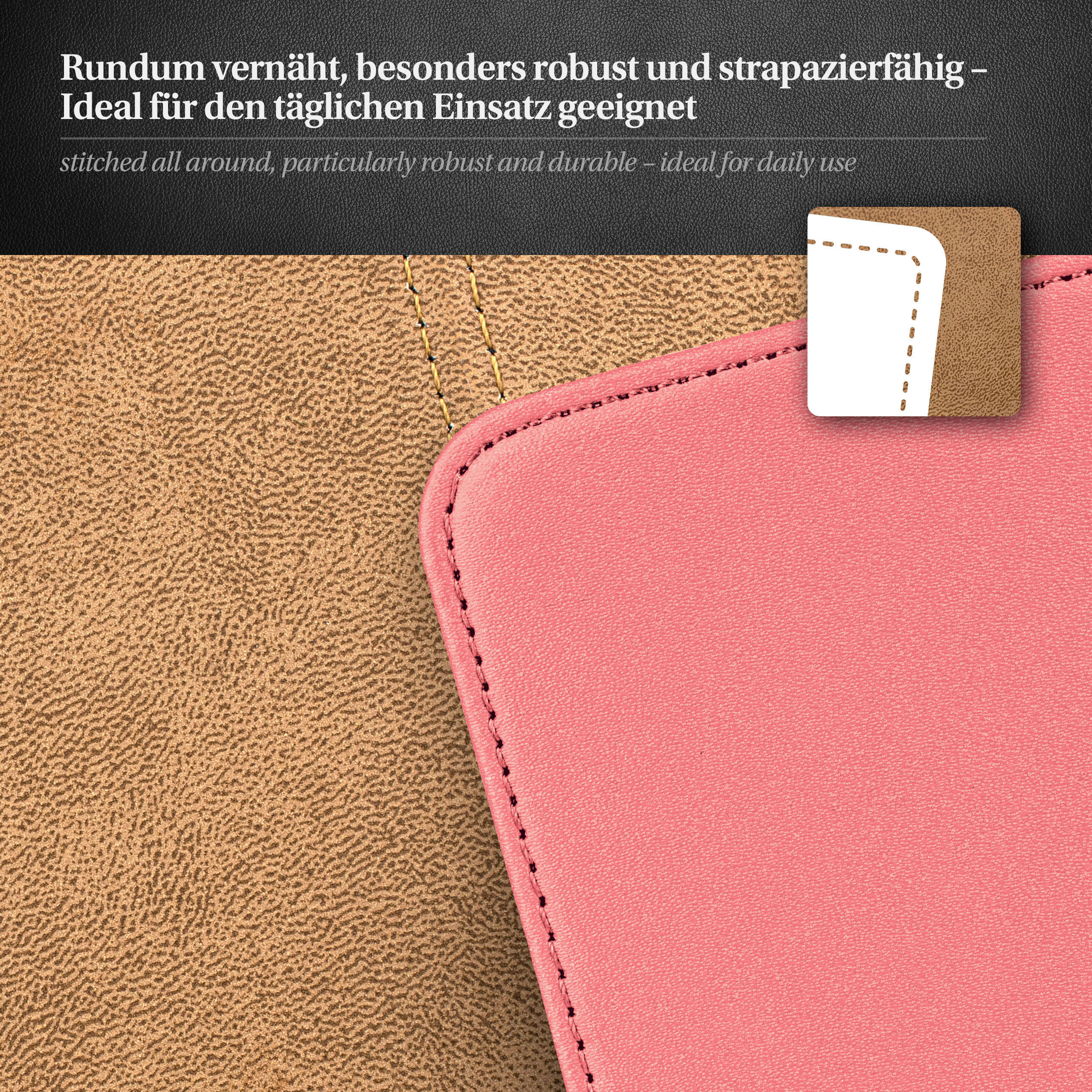 Nahaufnahme eines Lederetuis mit Nähten und einem rosa Innenraum, rundum genäht.