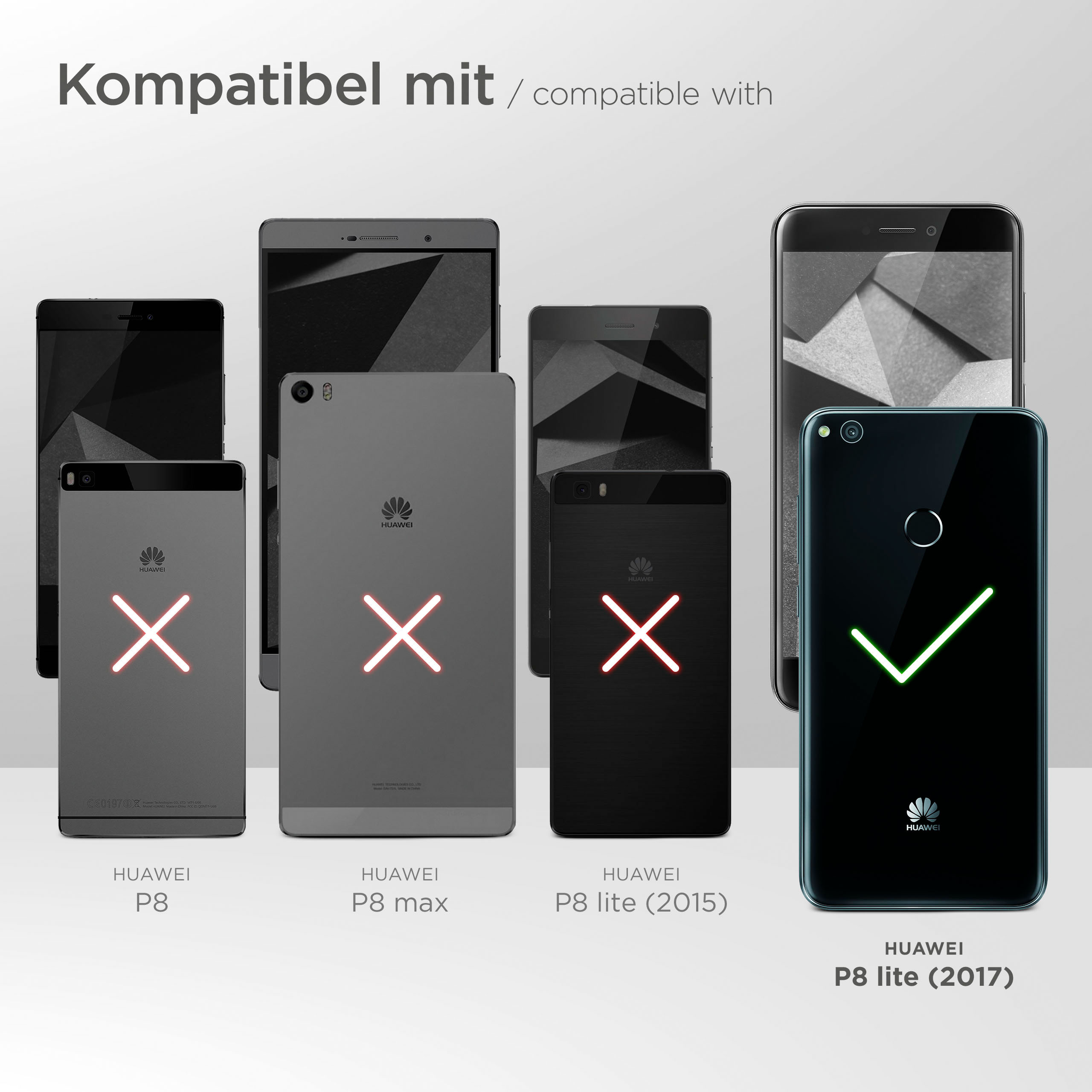 Bild mit Huawei-Telefonen. Nur P8 lite (2017) ist kompatibel, durch ein Häkchen angezeigt.