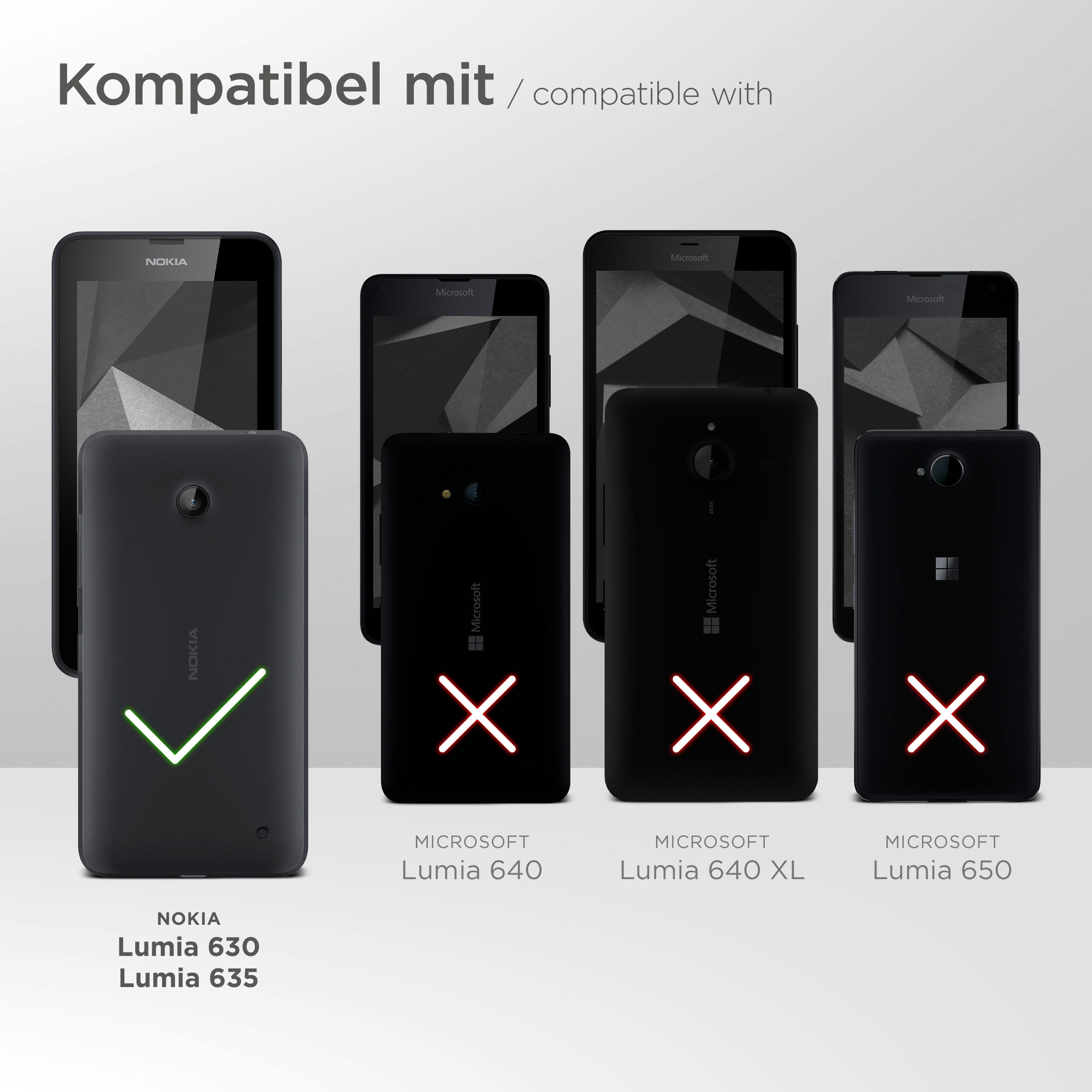 Bild zeigt Kompatibilität von Nokia-Telefonen mit einer Handyhülle, Nokia Lumia 630 und 635 sind kompatibel.