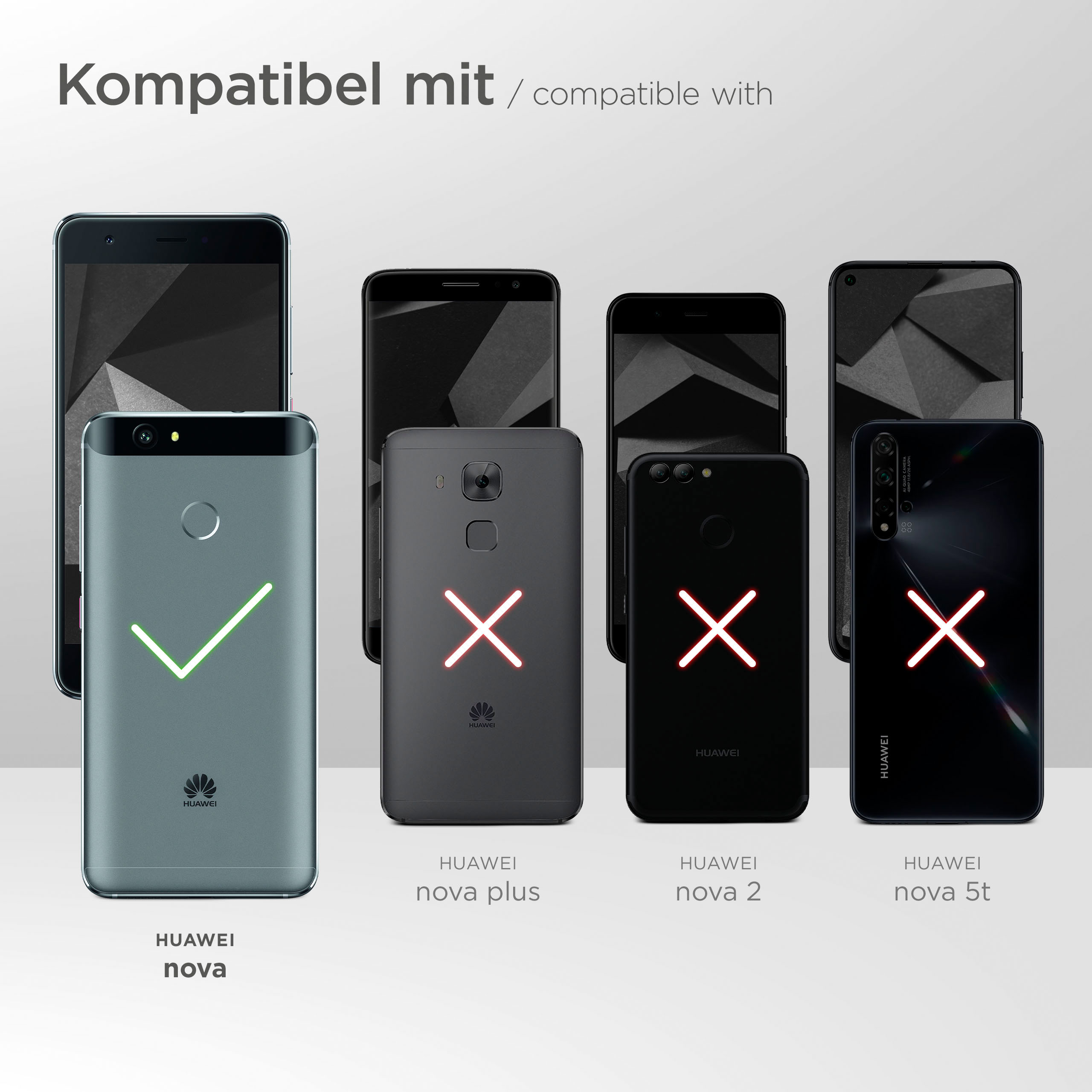 Bild mit Huawei-Telefonen. Nur das Nova ist kompatibel, durch ein Häkchen angezeigt.