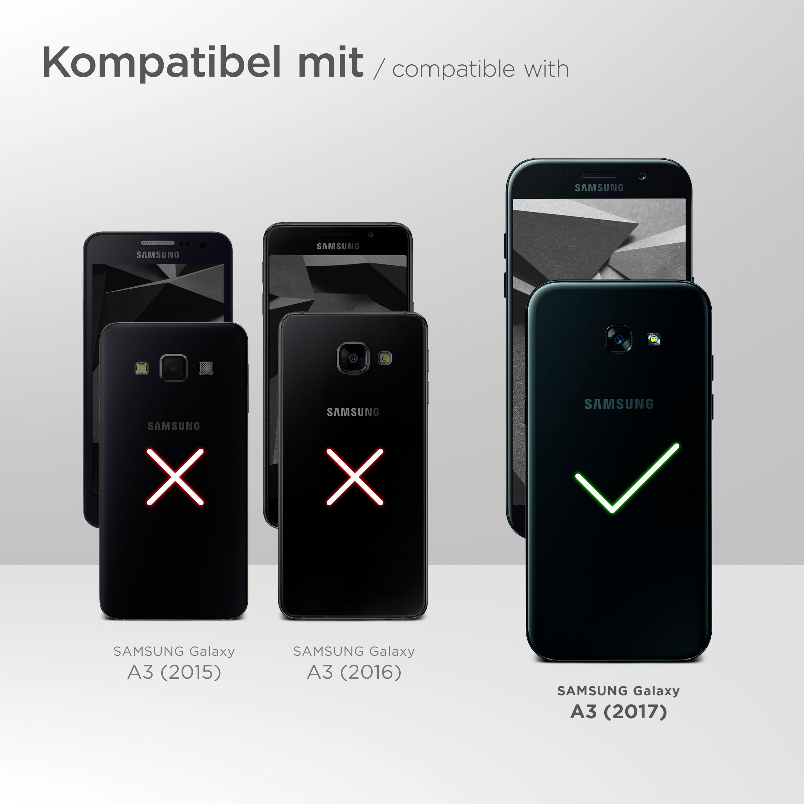 Telefonvergleich. Samsung Galaxy A3 (2017) ist kompatibel, die anderen nicht.