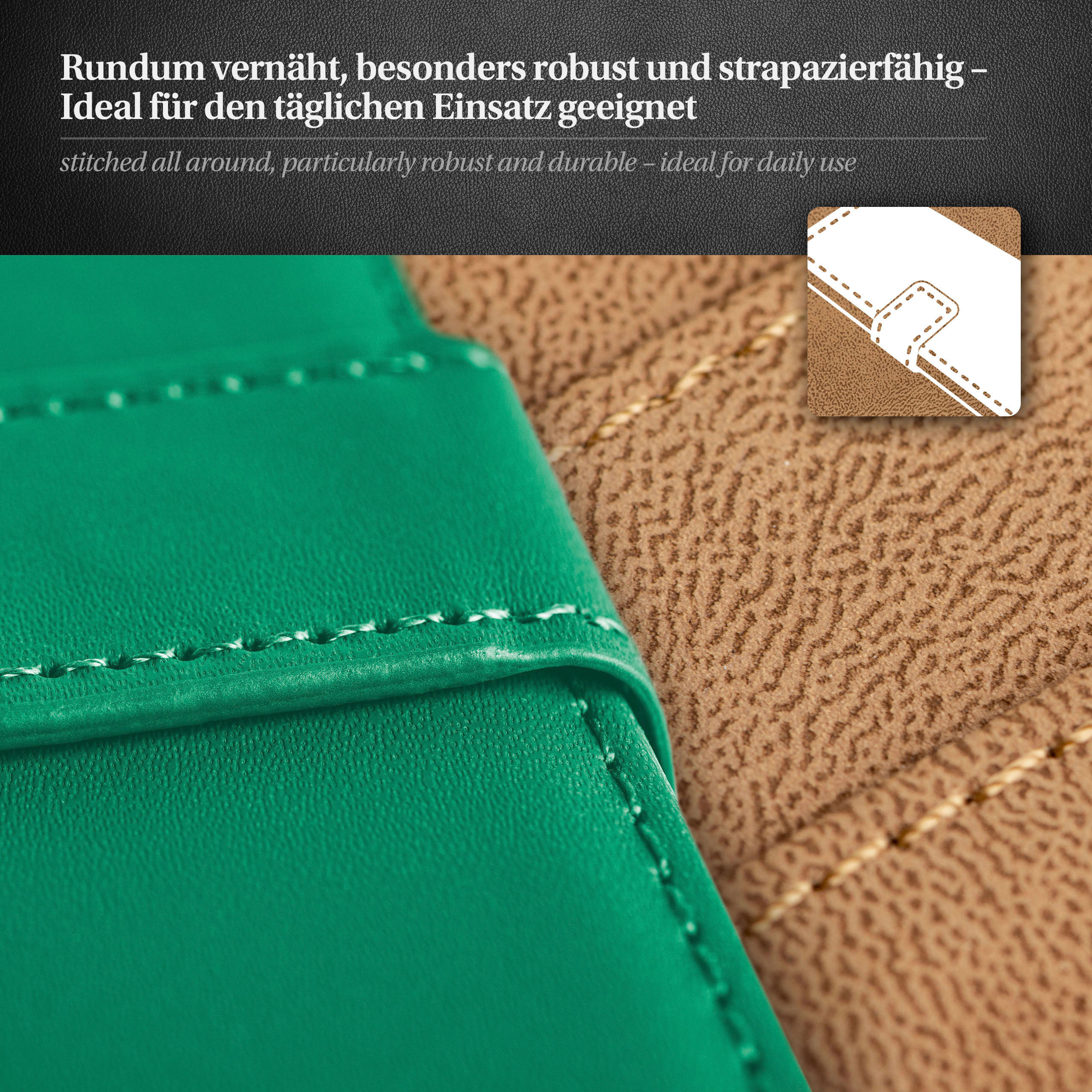 Grüne und braune Handyhülle mit Nahtdetails. Text über Robustheit und Haltbarkeit für den täglichen Gebrauch.