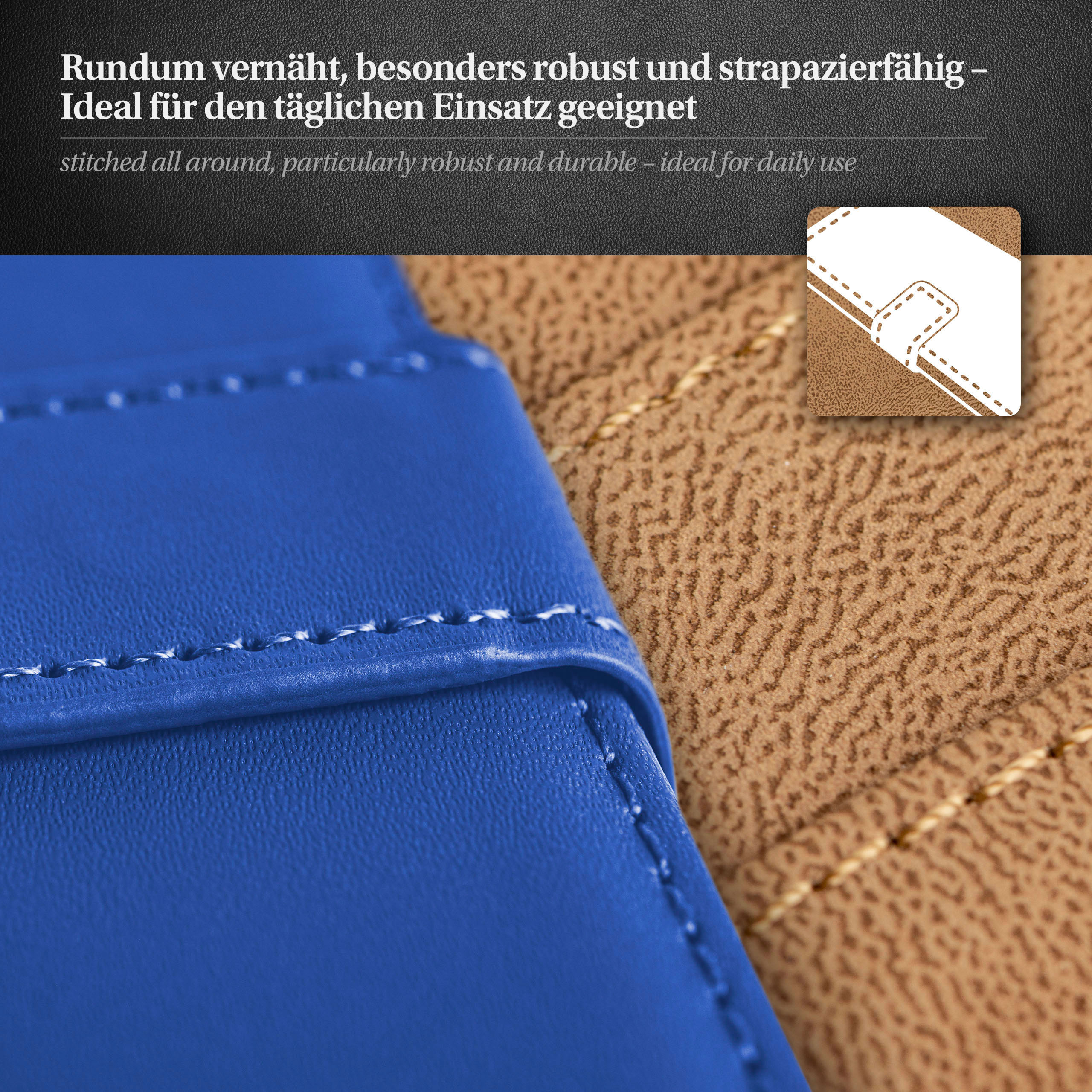 Nahaufnahme einer blauen Handyhülle mit Nähten und Logo. Text sagt 'ideal für den täglichen Gebrauch'.