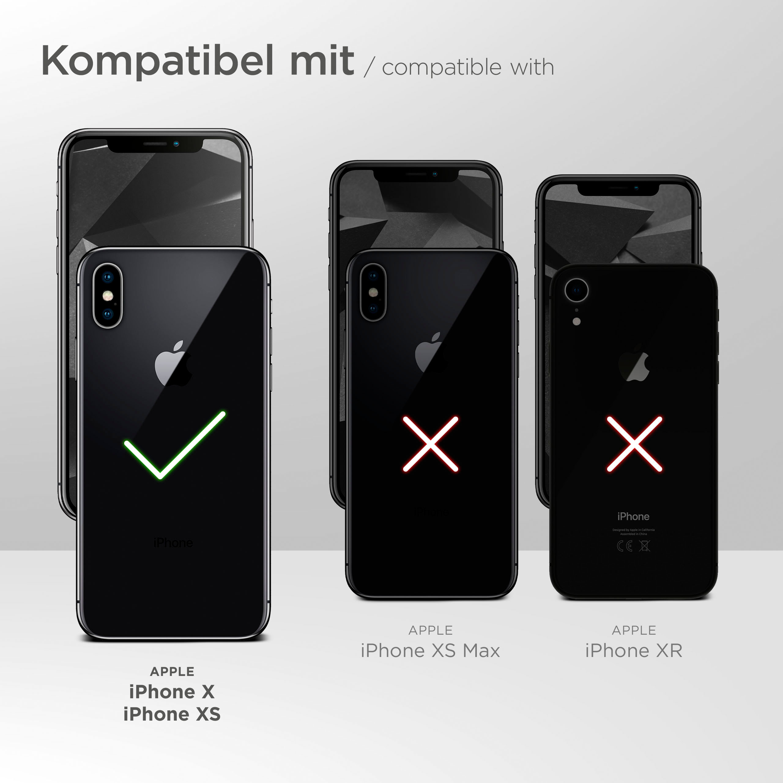 Das Bild zeigt iPhones mit Kompatibilitätsmarkierungen. iPhone X/XS hat ein Häkchen. XS Max und XR haben ein X.