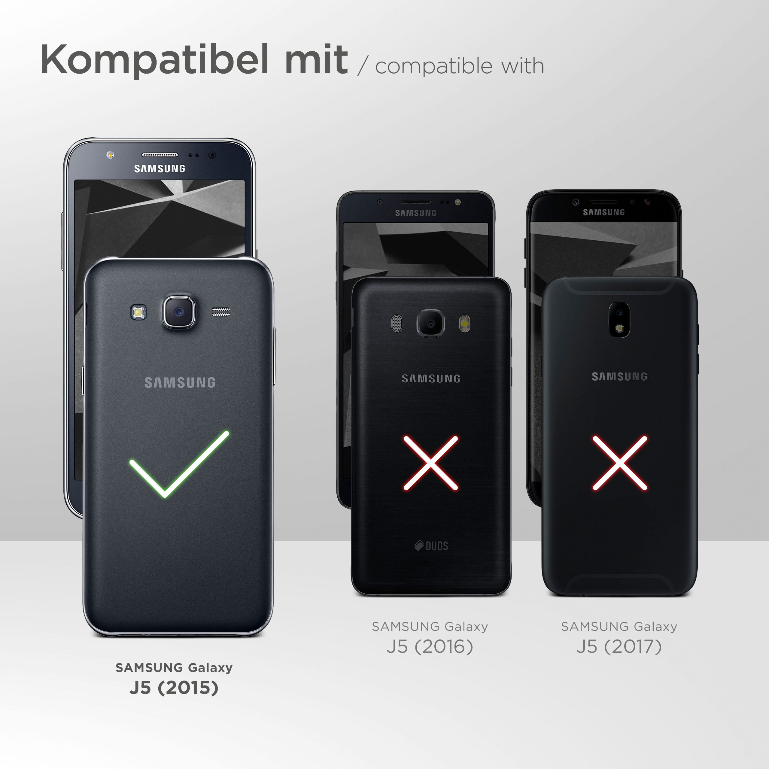 Drei Telefone. Das linke Telefon hat ein Häkchen, die anderen ein X, kompatibel mit Samsung.