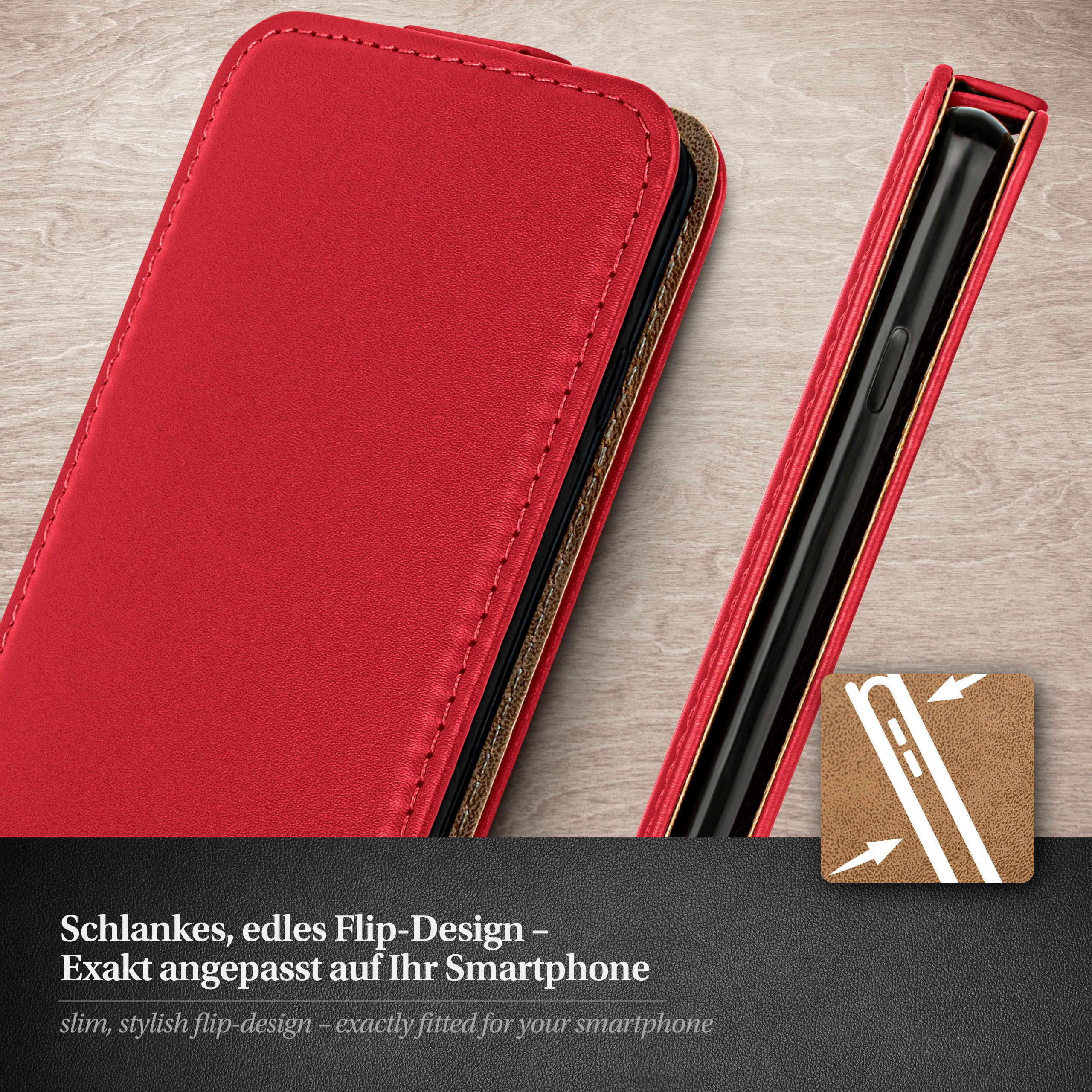 Rote Flip-Handyhülle, mit einem schwarzen Telefon darin.
