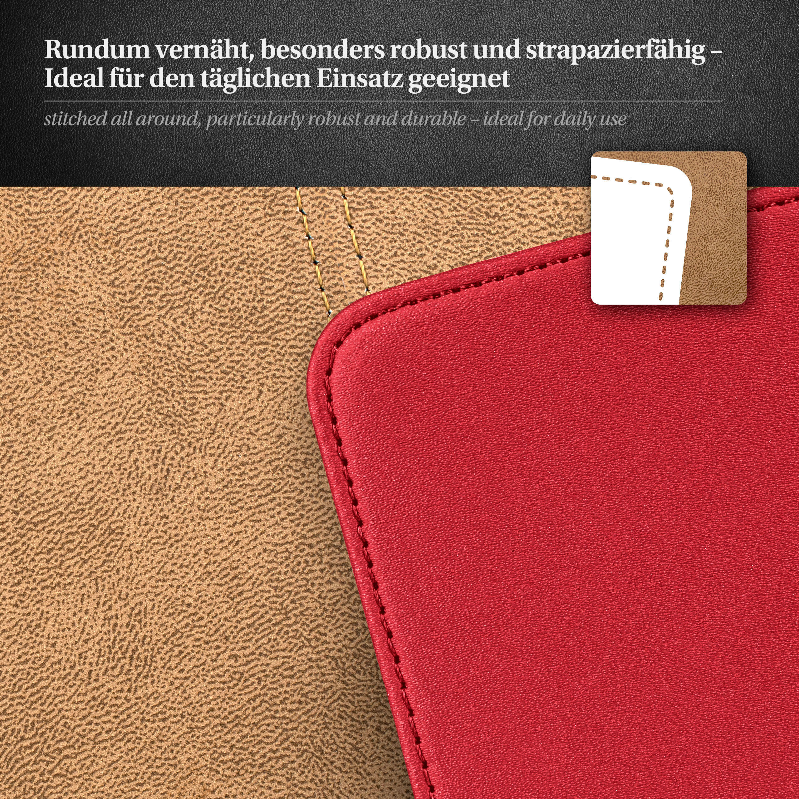 Nahaufnahme eines rot-beigen, genähten Materials mit Text über Robustheit.