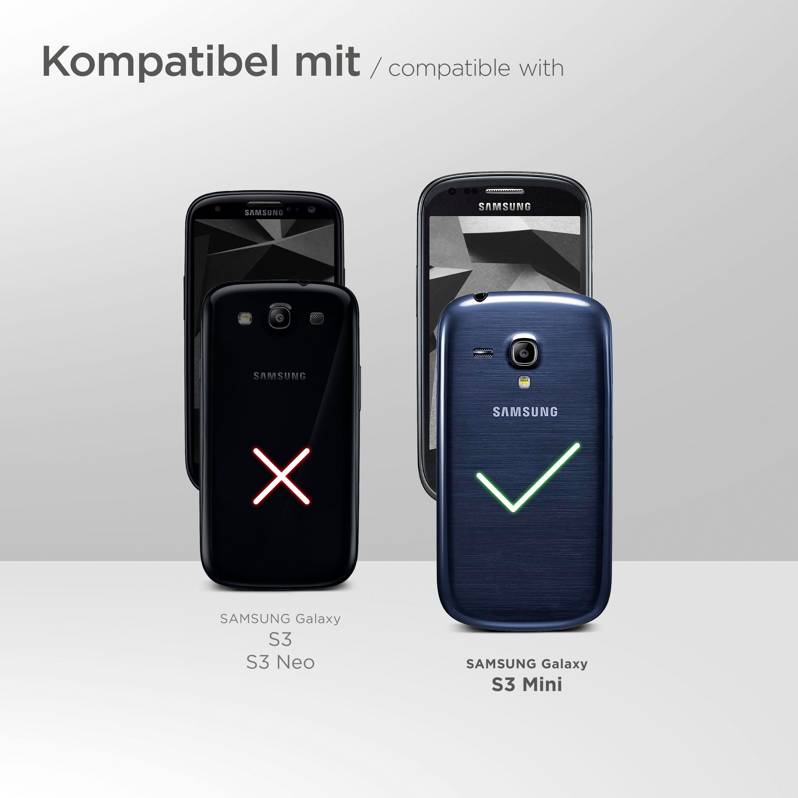 Drei Samsung-Telefone. Eins schwarz mit X. Eins blau mit Häkchen. Text: S3, S3 Neo, und S3 Mini.