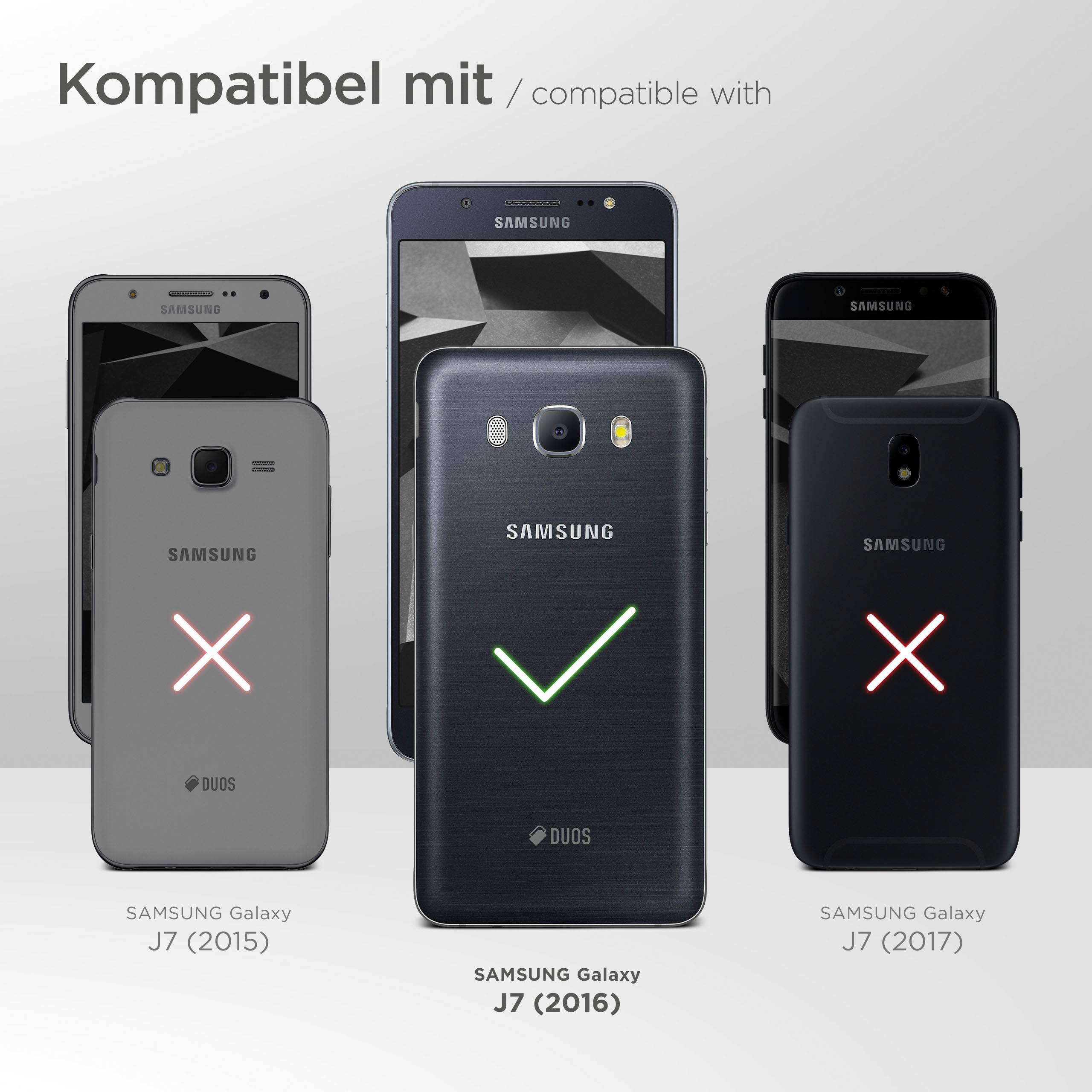 Bild mit Samsung-Telefonen. Nur das J7 (2016) ist kompatibel, durch ein Häkchen angezeigt.