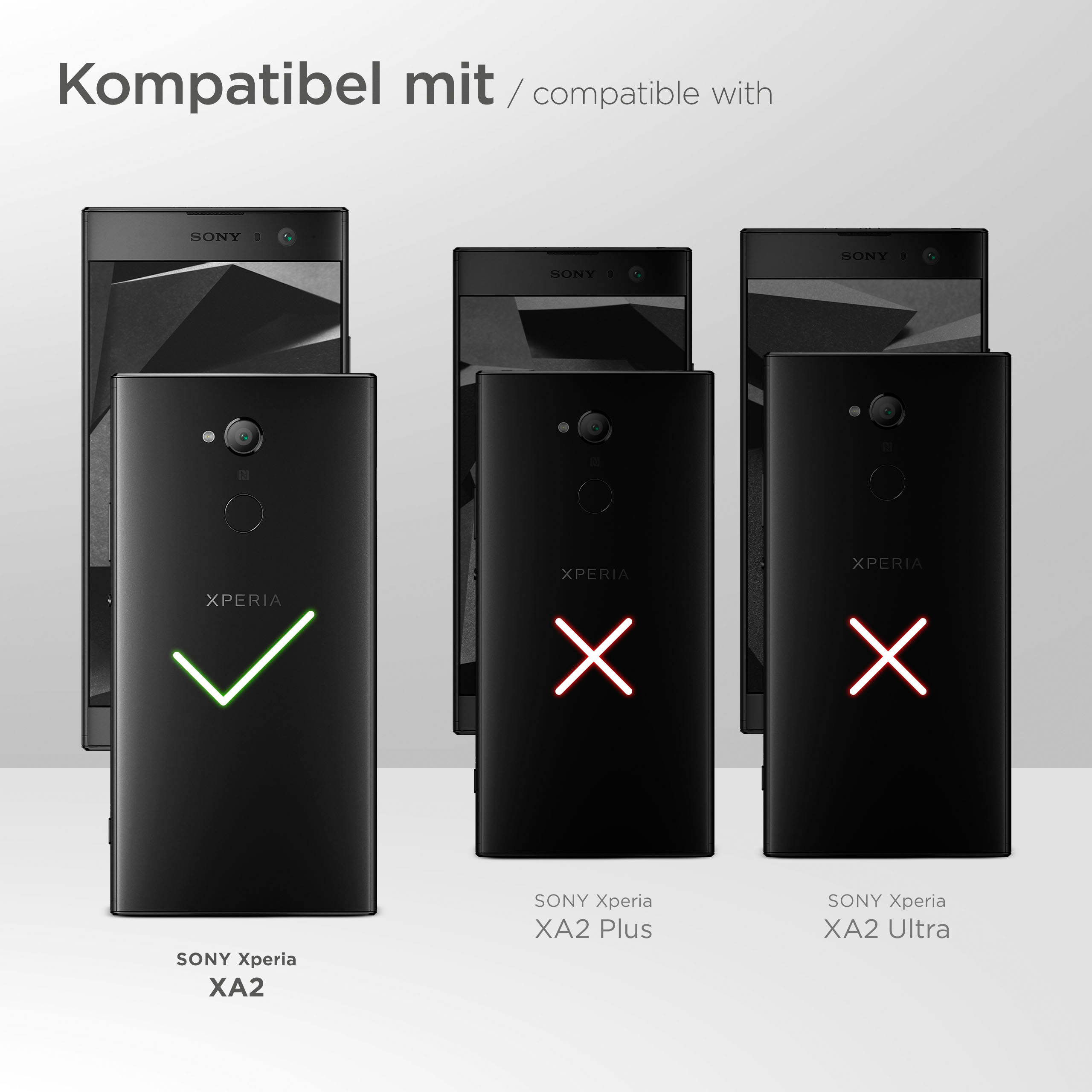 Drei schwarze Handys. Das mittlere Handy hat ein grünes Häkchen, die anderen beiden rote X-Zeichen.