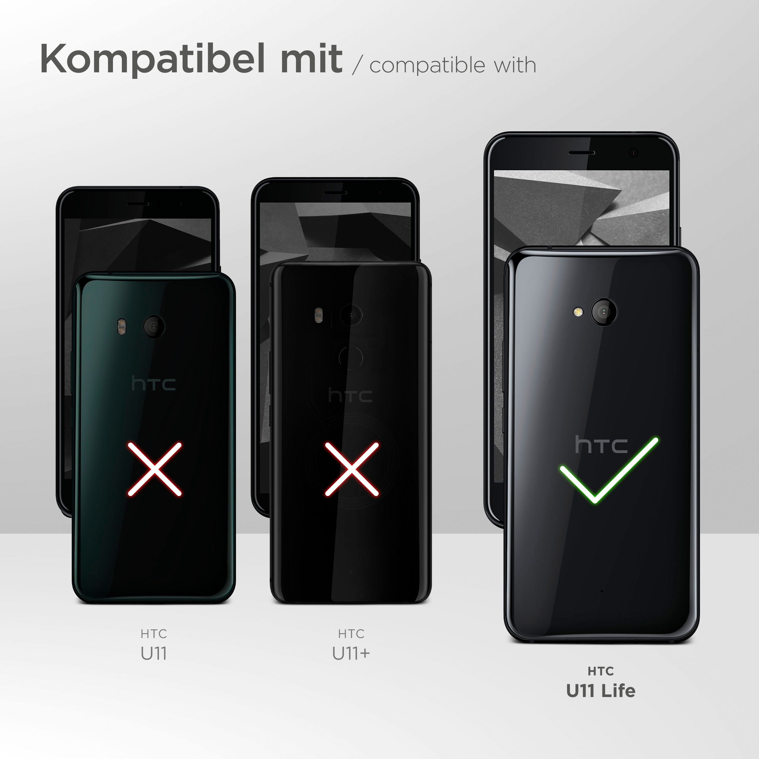 Das Bild zeigt Telefone und Kompatibilität. Das HTC U11 Life ist kompatibel.