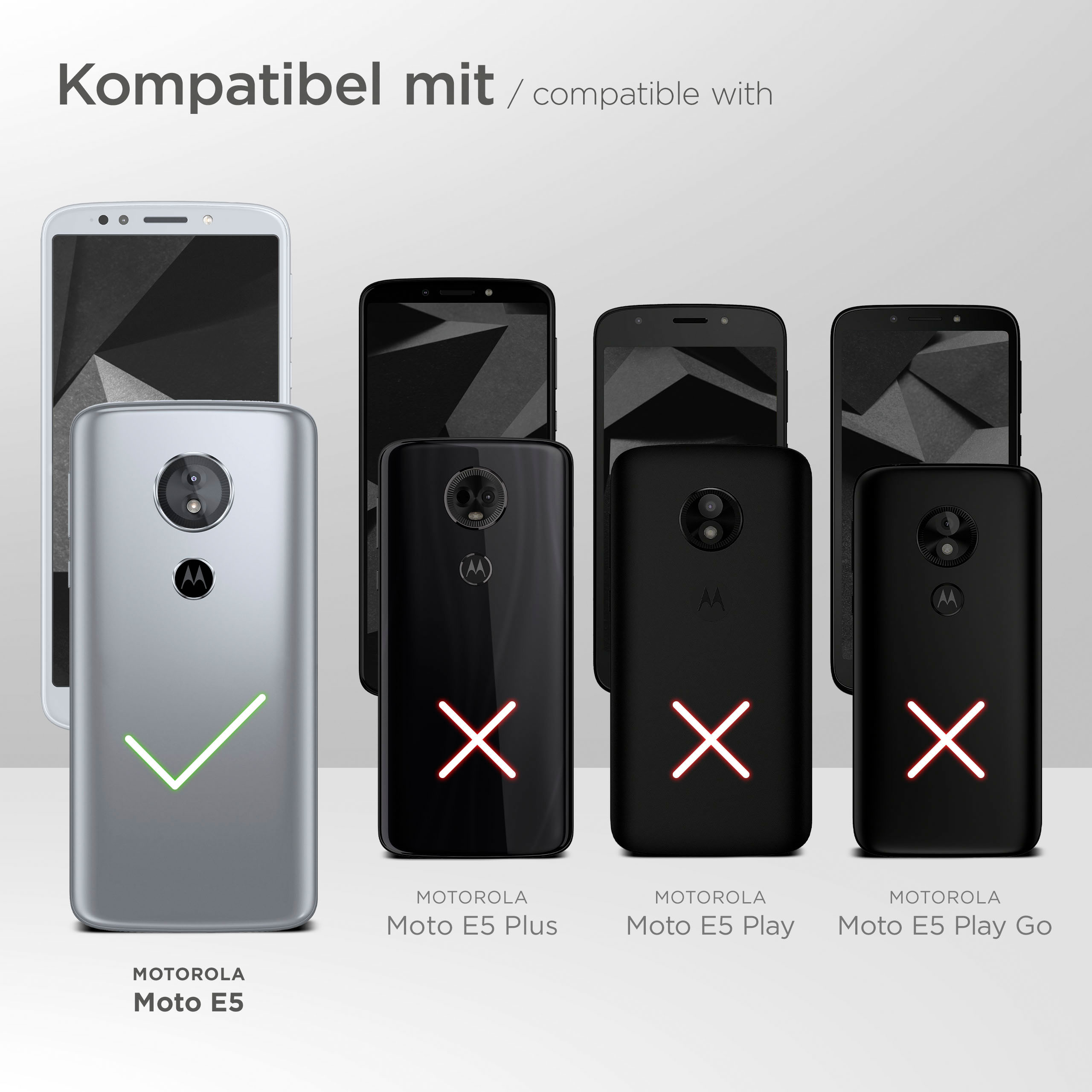 Bild zeigt kompatible Telefone. Motorola Moto E5 ist kompatibel. Moto E5 Plus, Play und Go sind es nicht.