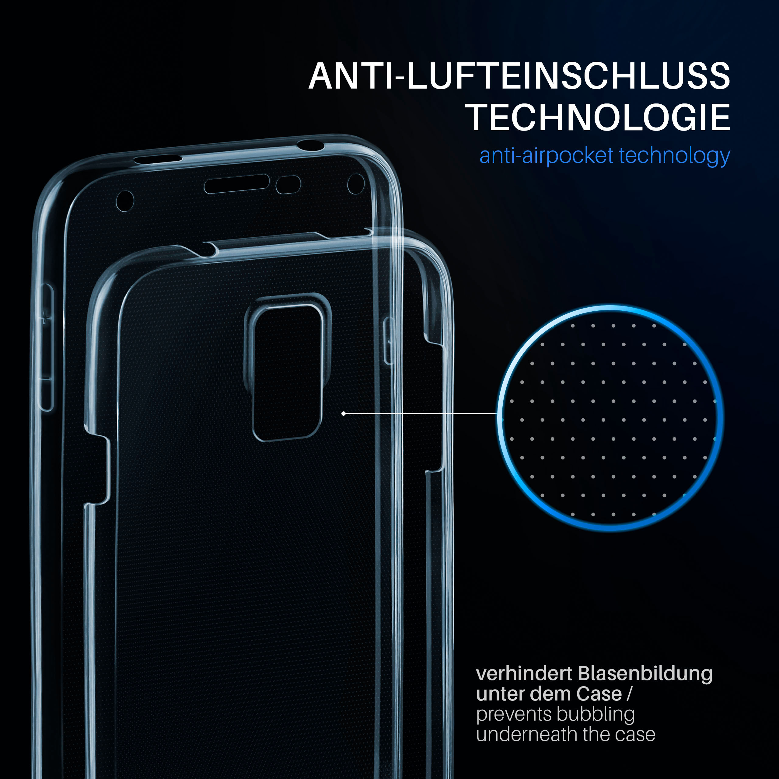 Transparente Handyhülle. Zwei Hüllen, eine in der anderen. Dunkler Hintergrund, Telefonform erkennbar.