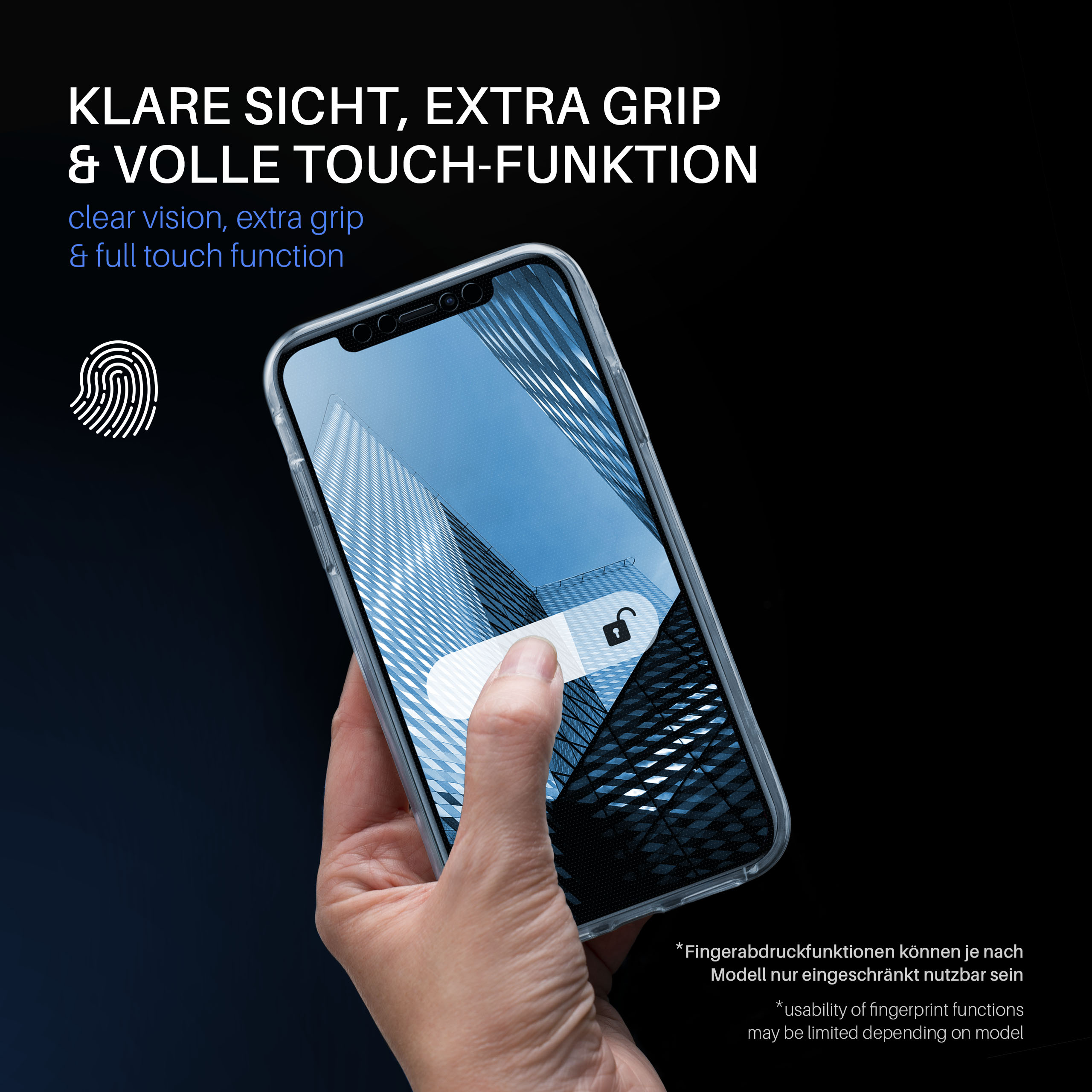 Hand, die ein Telefon mit Bildschirm hält, der eine blaue Stadtlandschaft zeigt. Text oben.