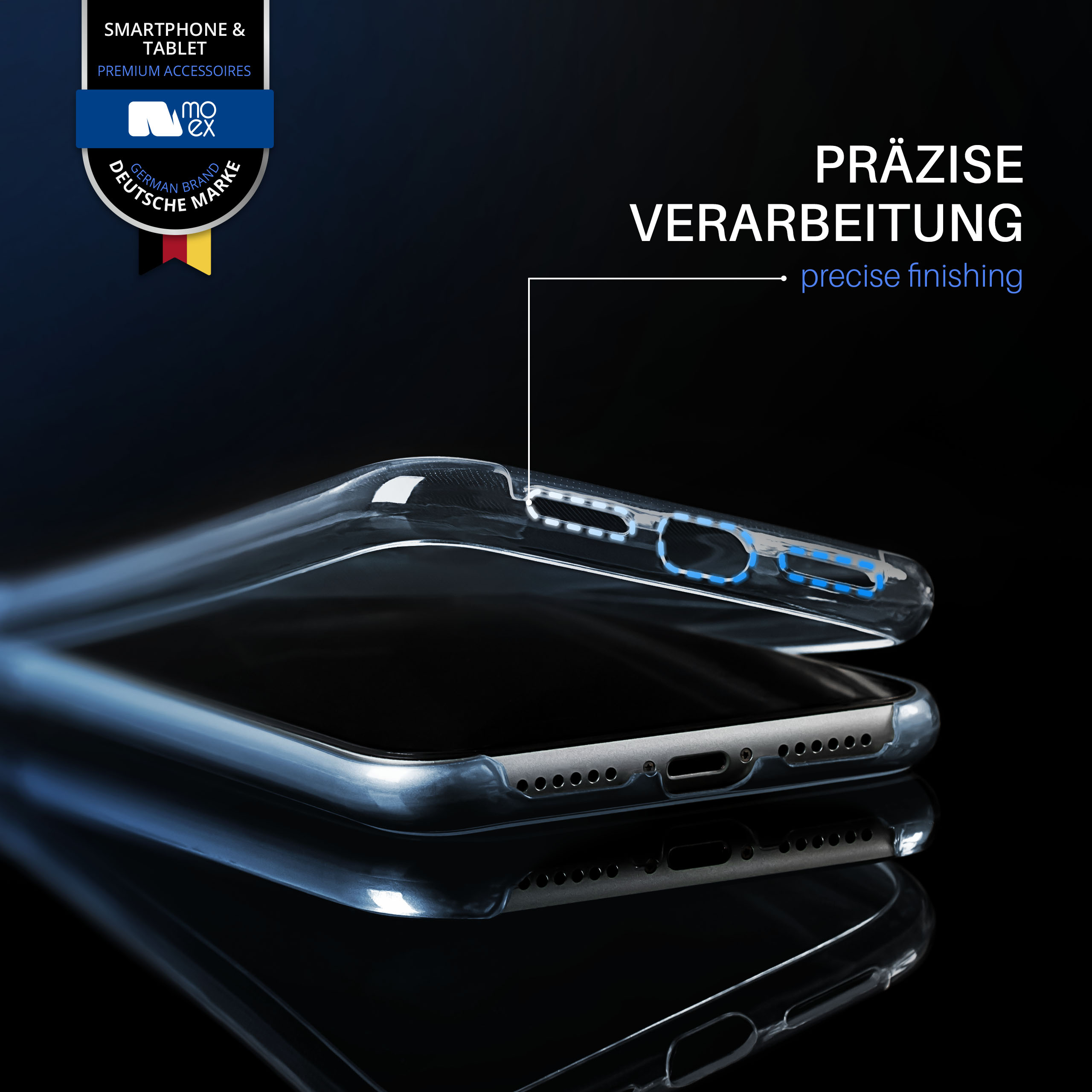 Transparente Handyhülle mit Text, präziser Verarbeitung und dunklem Hintergrund.