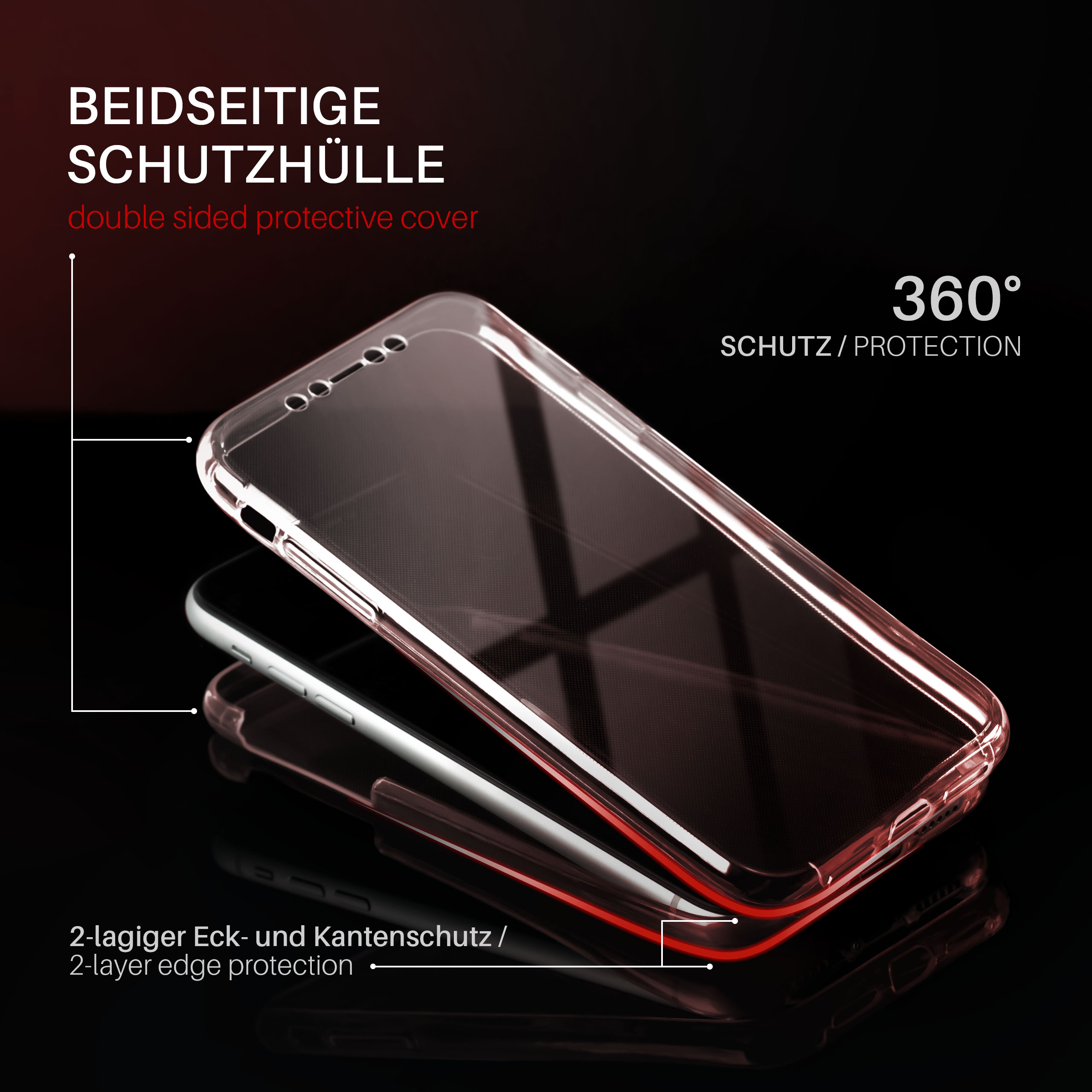 Eine transparente Handyhülle mit einem Handy darin, die 360°-Schutz zeigt.