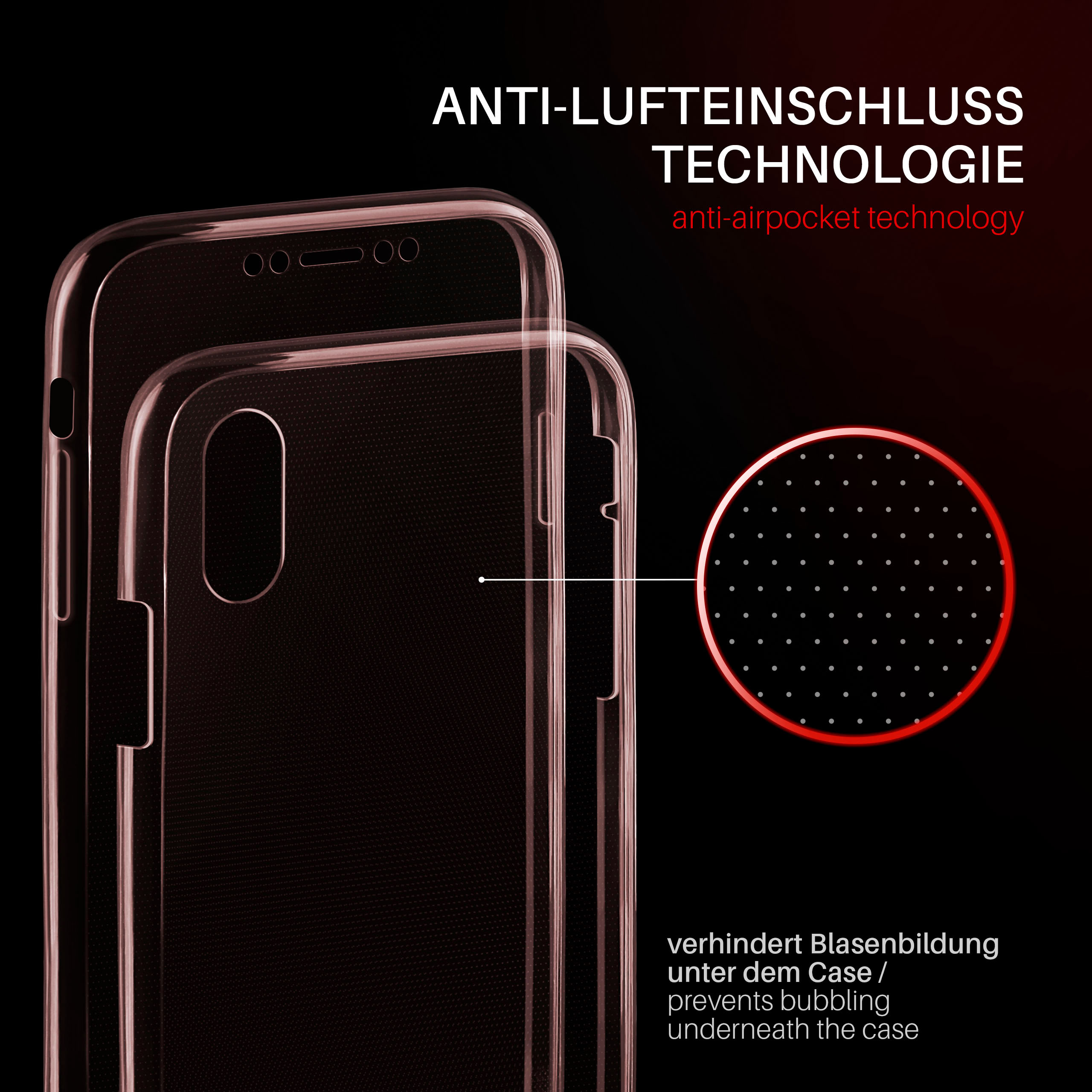 Transparente Handyhülle, Anti-Lufttaschen-Technologie. Roter Kreis zeigt Punkte.