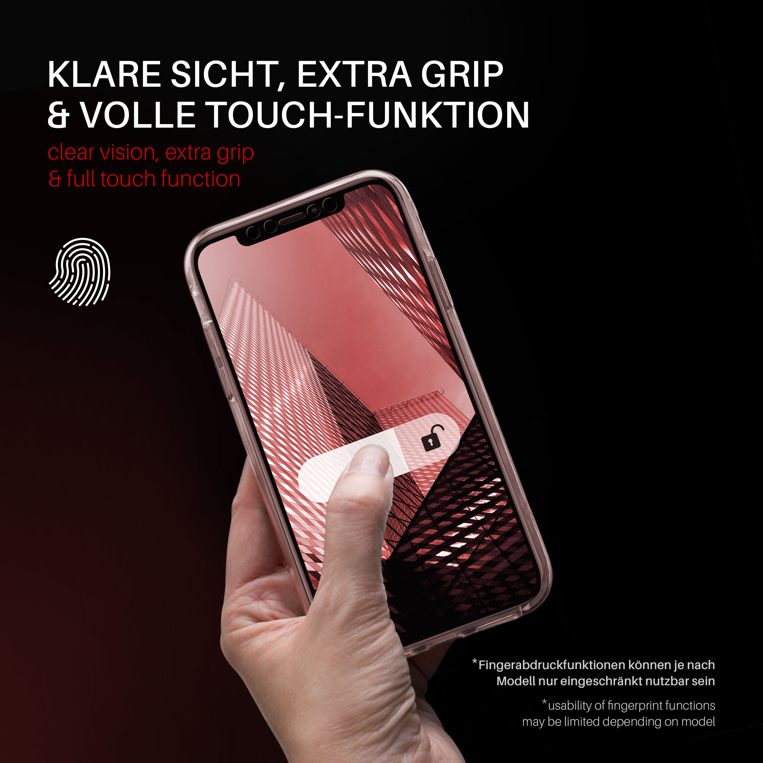 Eine Hand, die ein Telefon mit einer transparenten Hülle hält, ein Fingerabdruck und Text werden angezeigt.