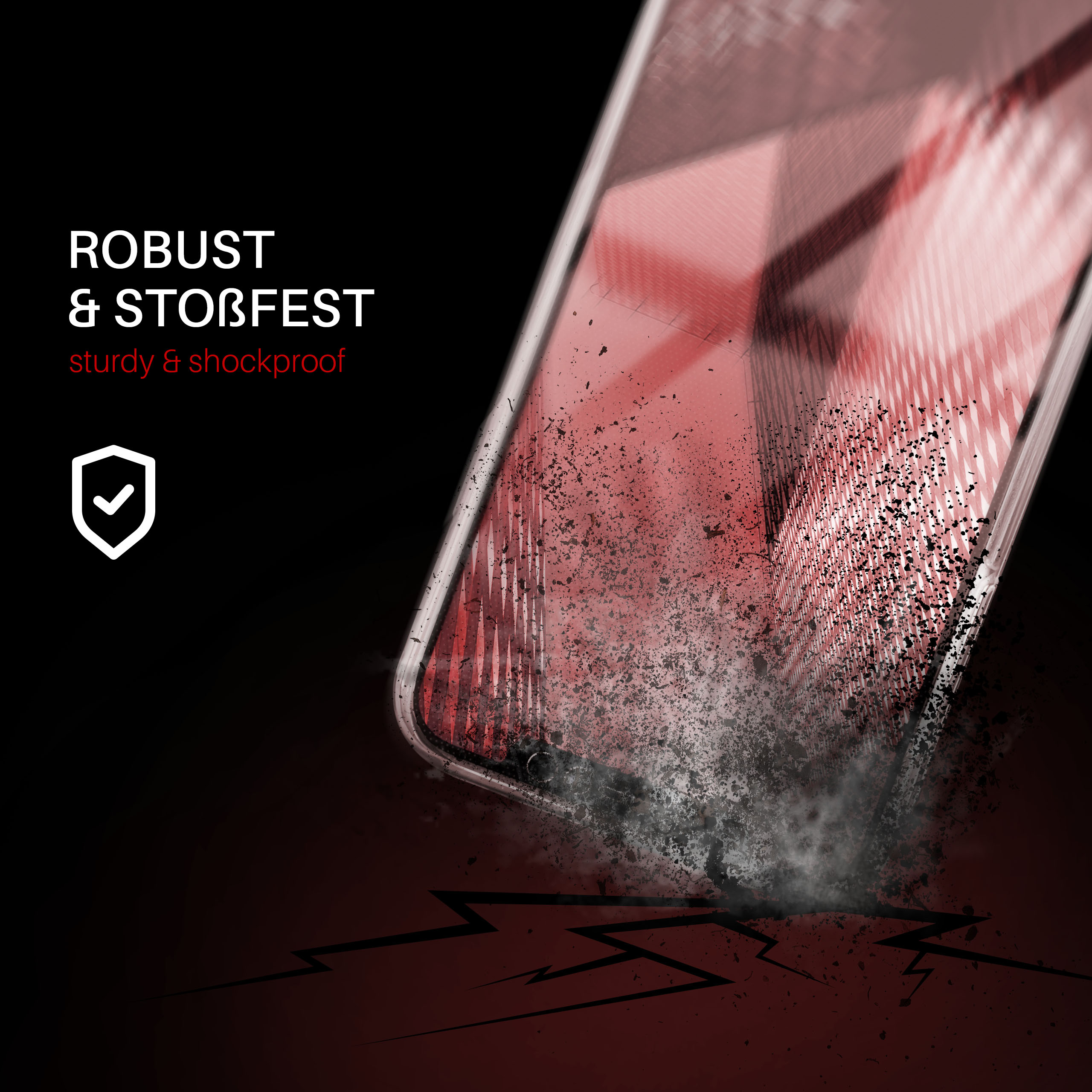 Eine Handyhülle mit rotem Design wird mit einem Rissglas-Effekt gezeigt. Die Handyhülle befindet sich auf schwarzem Hintergrund.