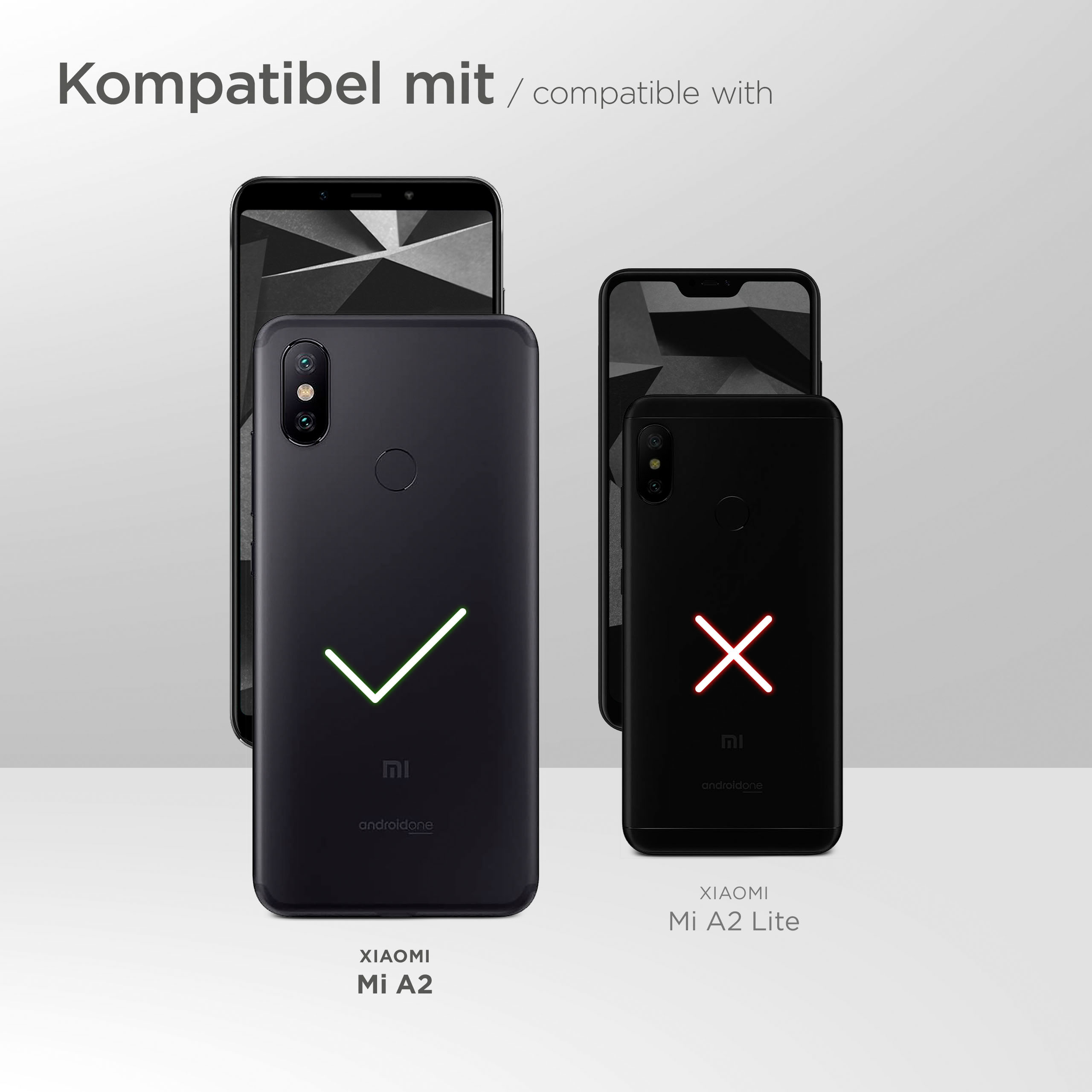 Zwei Smartphones, eines mit grünem Häkchen, das andere mit rotem X. Text zeigt Kompatibilität.