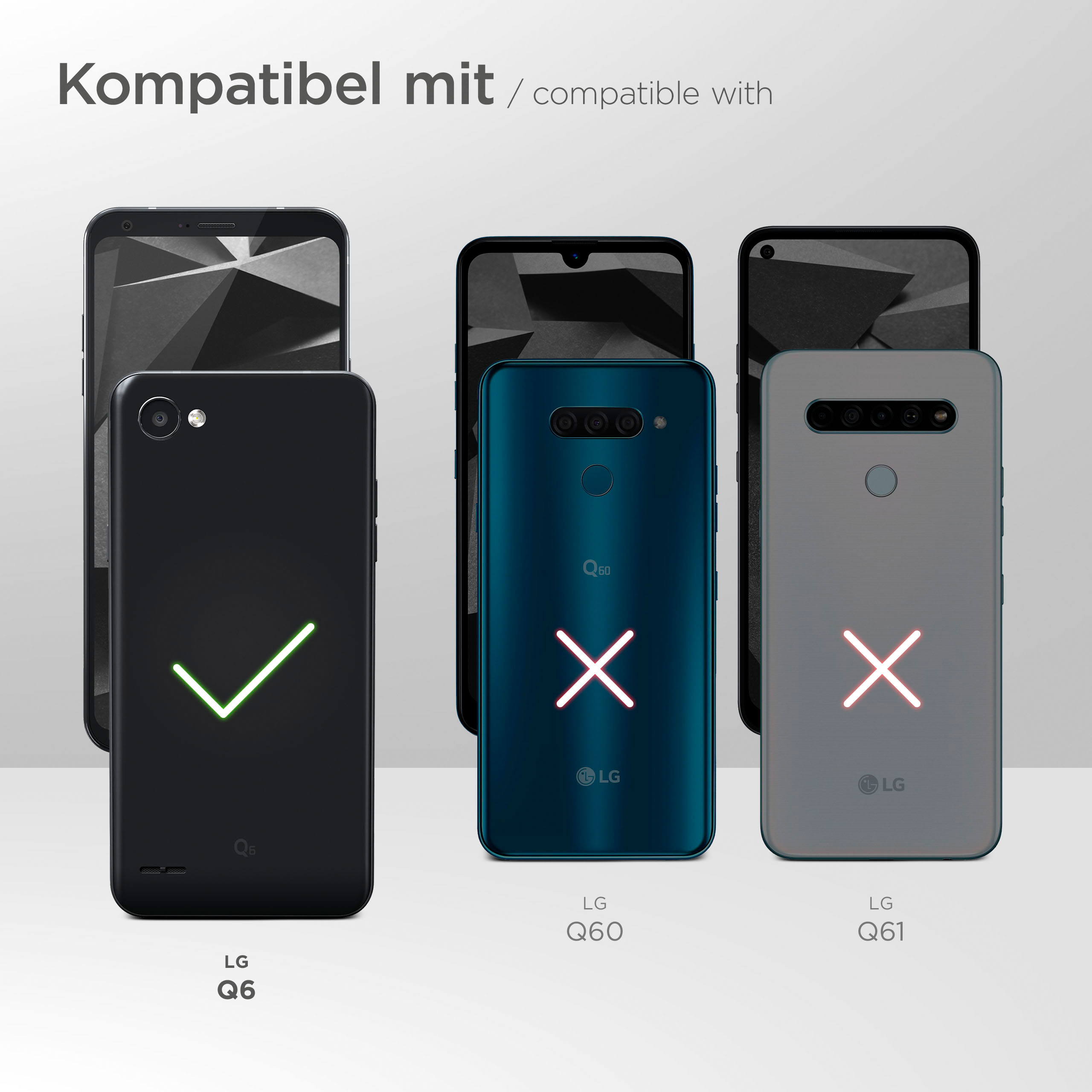 Das Bild zeigt kompatible LG-Telefone mit Häkchen oder Kreuzen.