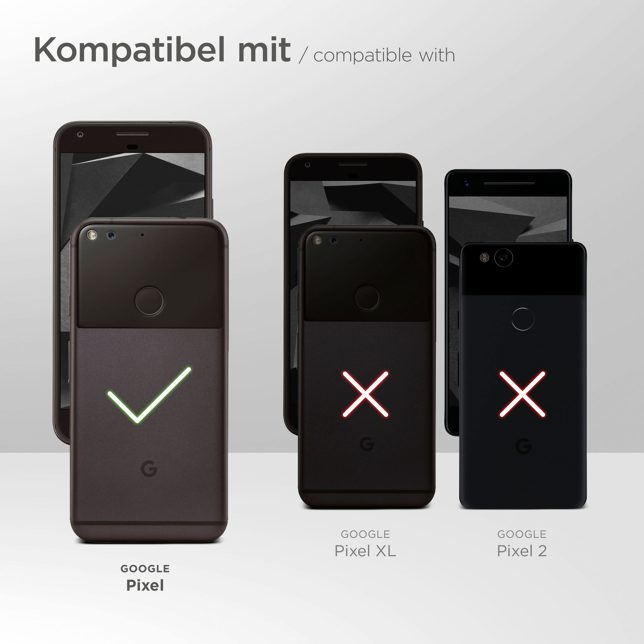 Kompatible Telefone: Google Pixel (grüner Haken), Pixel XL und 2 (rotes X).