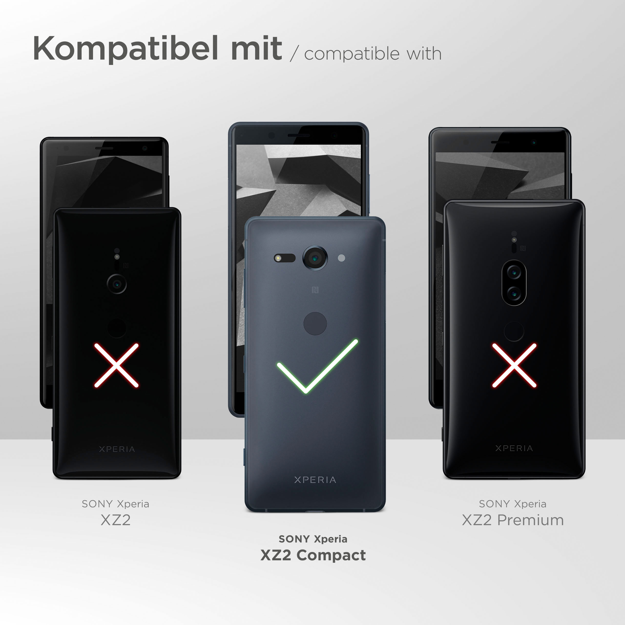 Das Bild zeigt Telefone mit Kompatibilitätsmarkierungen. Ein Telefon hat ein Häkchen, andere ein X.